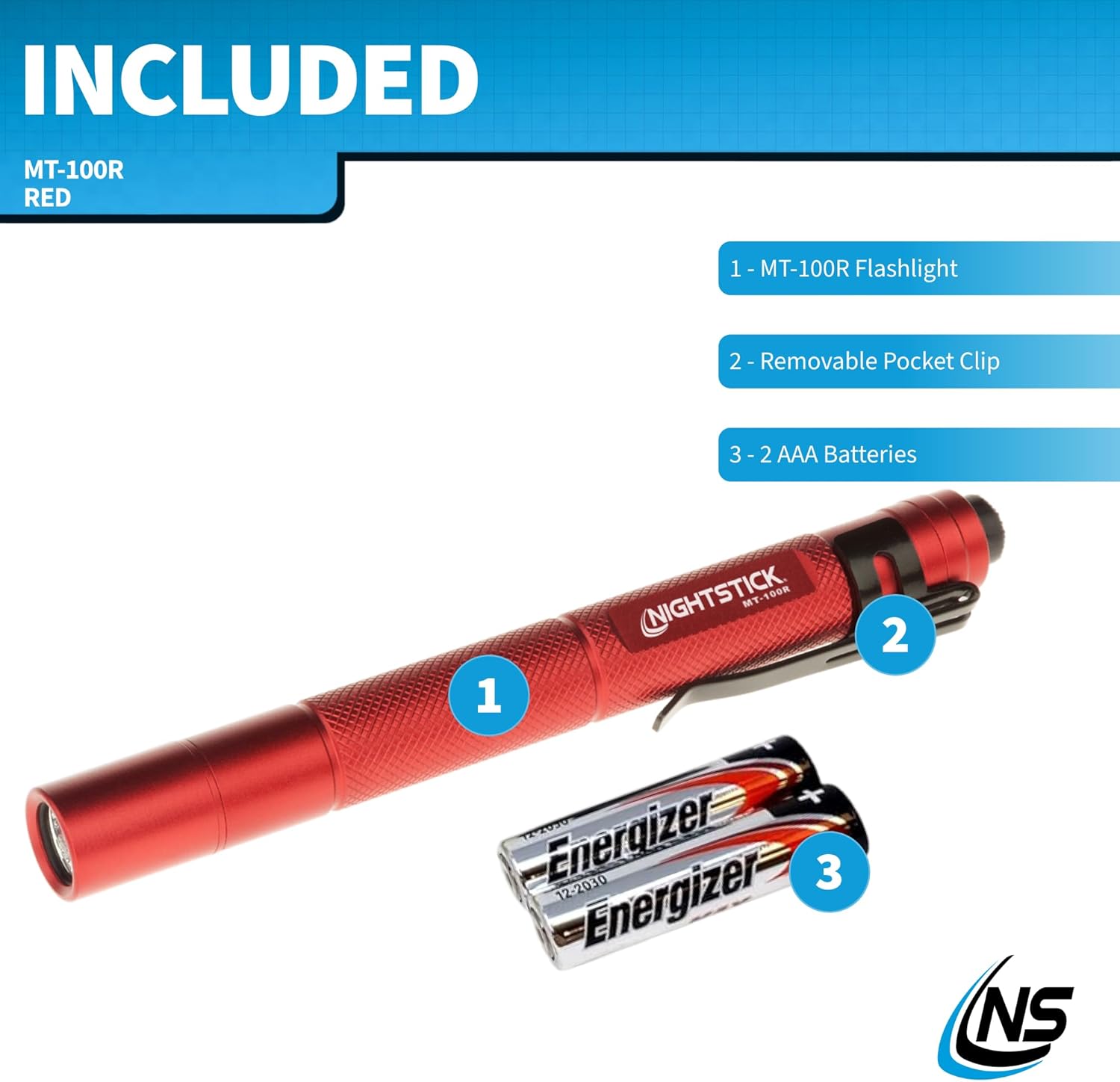 Nightstick MT-100R Mini-TAC Metal LED Flashlight - 2 AAA, 5.4 in (137mm), Red