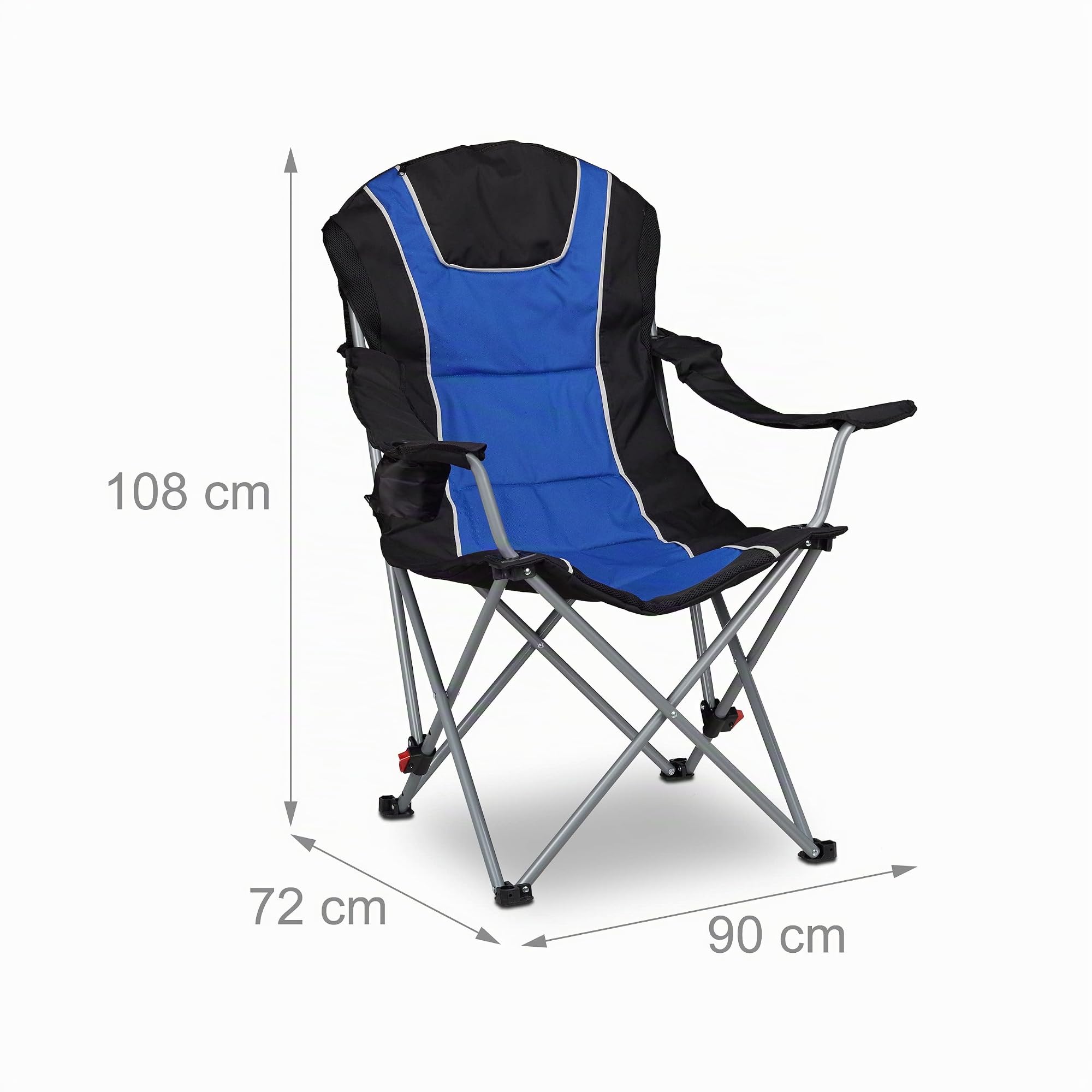 Relaxdays Chaise de camping pliable fauteuil de pêche rembourré avec porte-boissons dossier réglable HxlxP: 108 x 90 x 72 cm, bleu noir