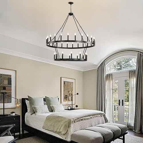 Miniatura 3 de celimi Candelabro negro de 2 niveles de 48 pulgadas, 36 luces, lámpara colgante grande de granja, iluminación colgante rústica para techos altos,