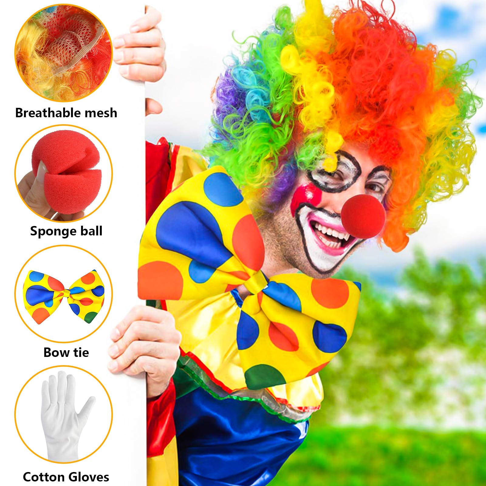 Meleager Costumi Clown Accessori, 5 Pezzi Set di Costumi da Pagliaccio, Parrucca Clown Riccia, Naso da Clown Rosso, Gilet, Guanto, Papillon, Vestiti da Clown per Carnevale Circo Cosplay