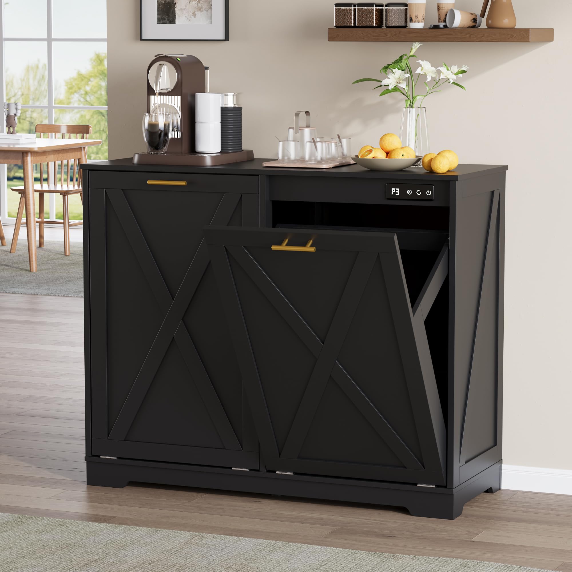 double tilt out trash can cabinet, wooden farmhouse kitchen garbage bin enclosure with negative ion odor control, hidden dog proof trash or laundry basket storage for laundry room, black