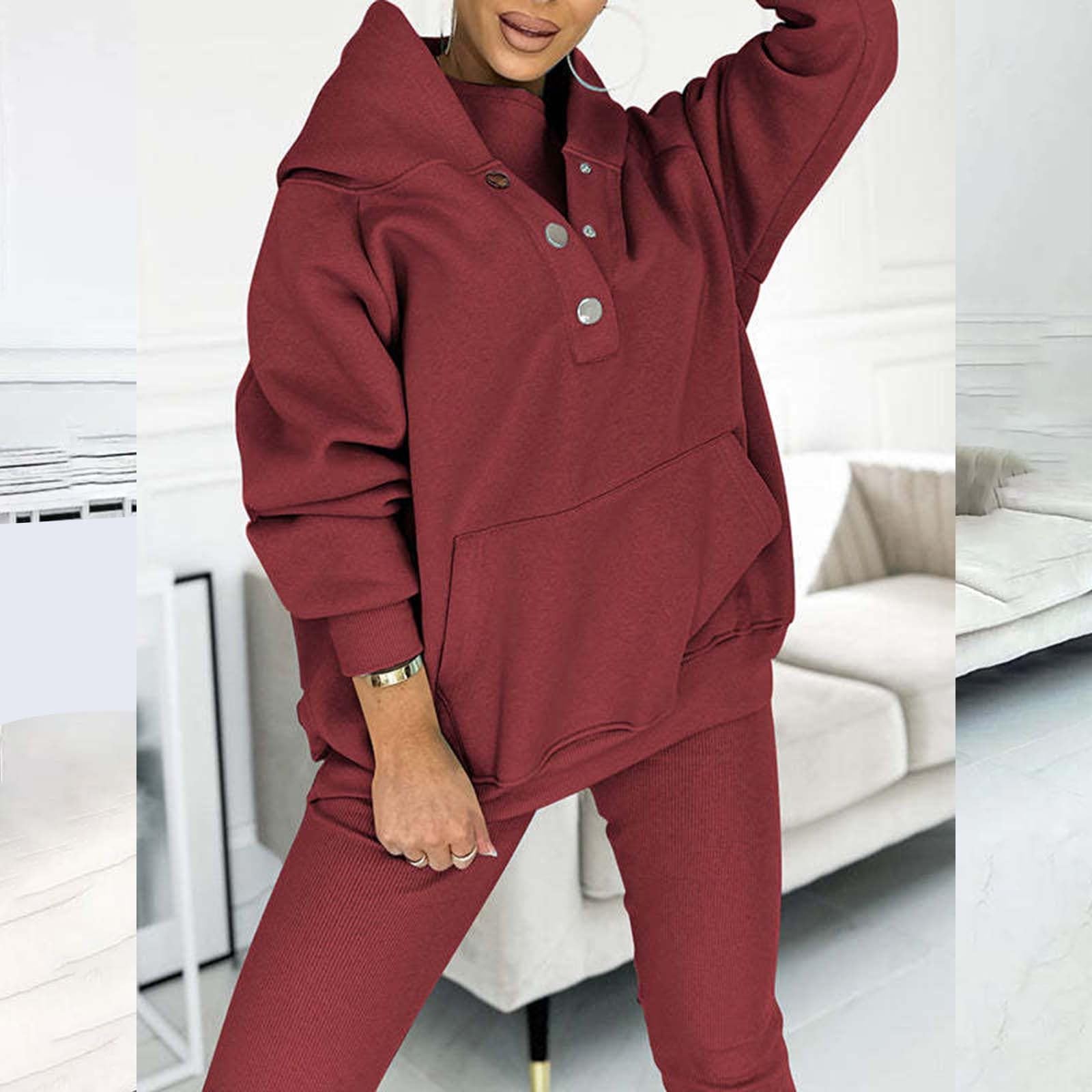 Sportanzug Damen 2 Teiler Casual Langarm Kapuzenpullover Und Hose mit Tunnelzug Und Kapuze Zweiteiler Elegant Baumwolle Große Größen Freizeitanzug Autumn Winter Outfit