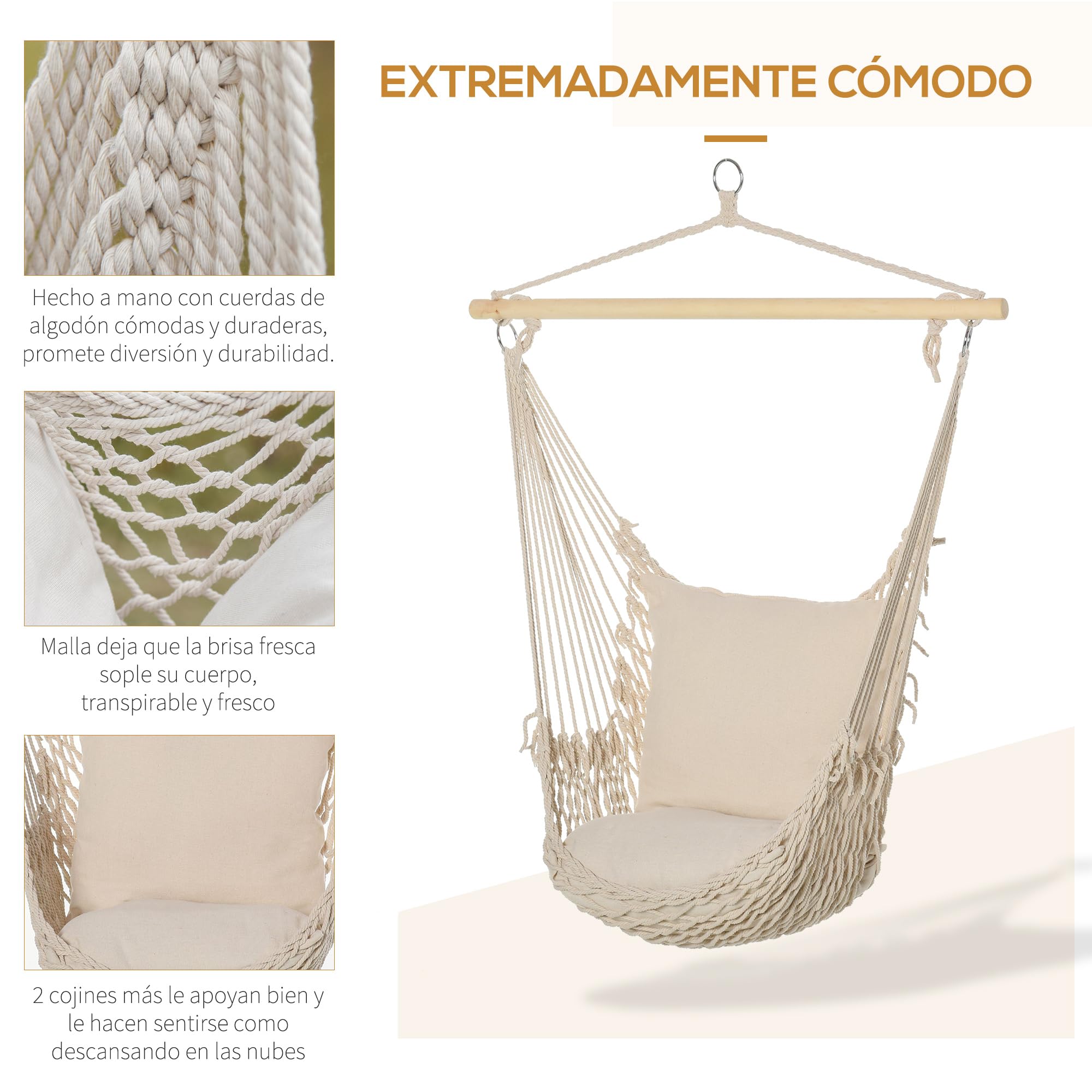 Outsunny Silla Colgante Hamaca Columpio con 2 Cojines de Algodón Barra de Madera Carga 120 kg Silla Columpio para Interior y Exterior Crema