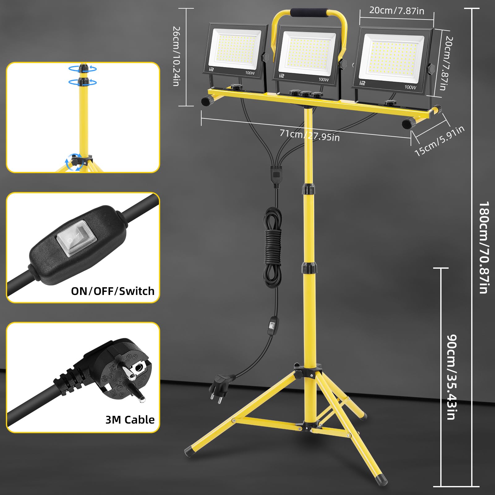 papasbox 300W LED Baustrahler mit Stativ Stecker und Schalter | Baustellenlampe 6500K Kaltweiß Baustellenstrahler | IP66 Wasserdicht Arbeitsleuchte 300W 150W 90W Baulampe für Werkstatt Baustelle