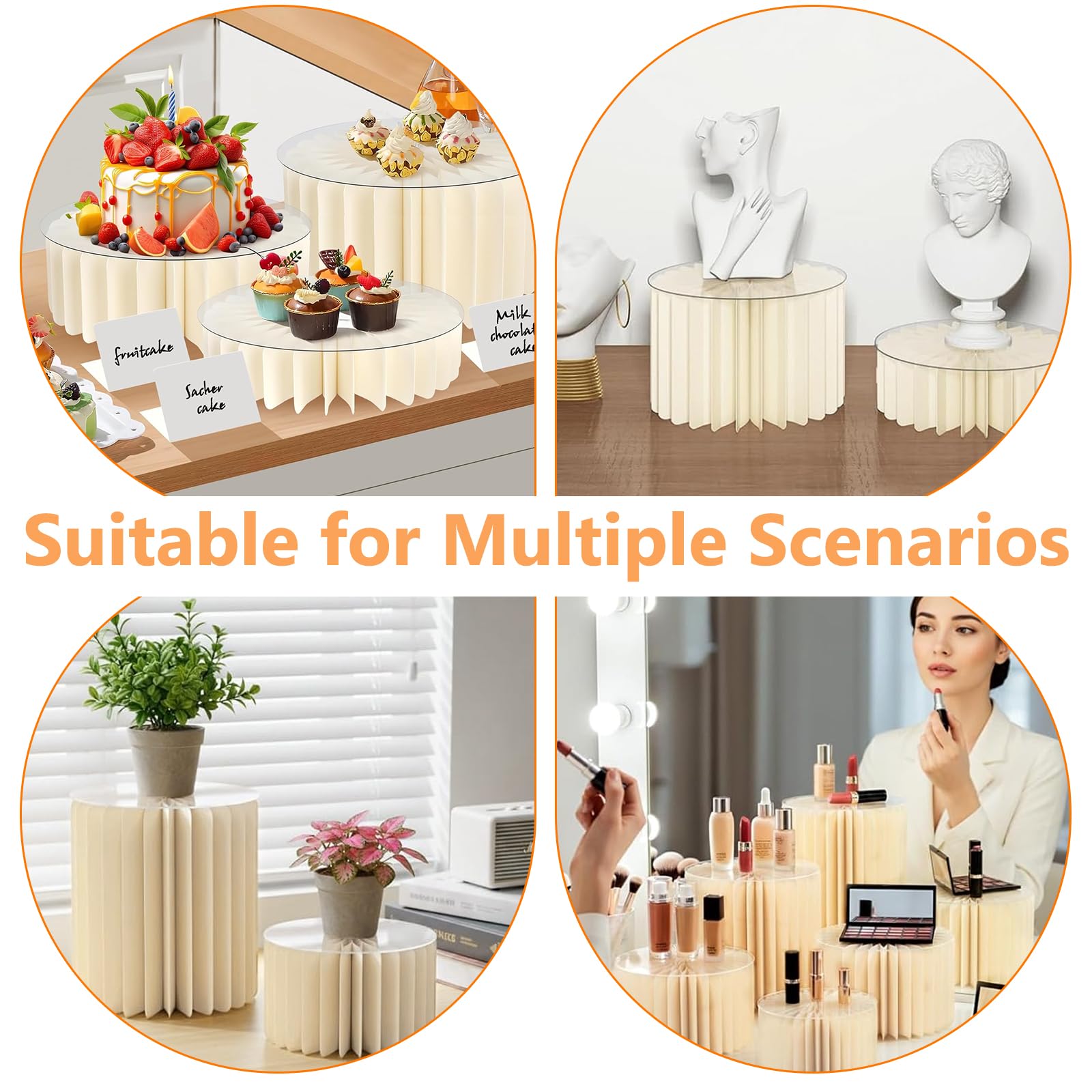 GAESHOW 6 Pcs Alzate per Buffet, Rialzi Pieghevoli per Buffet con 6 Piatti Rotondi in PVC, Alzatine per Allestimenti Bianche per Dessert, Cupcake, Decorazione per Matrimoni, Feste, Giardino