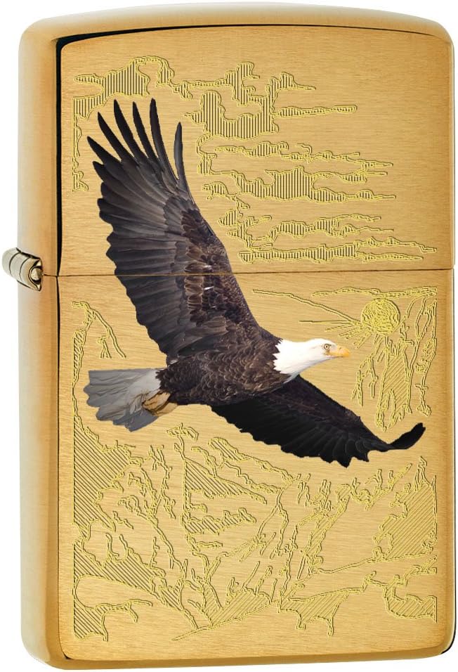 Zippo Lighter: Bald Eagle with Engraved Background - Brushed Brass 79470