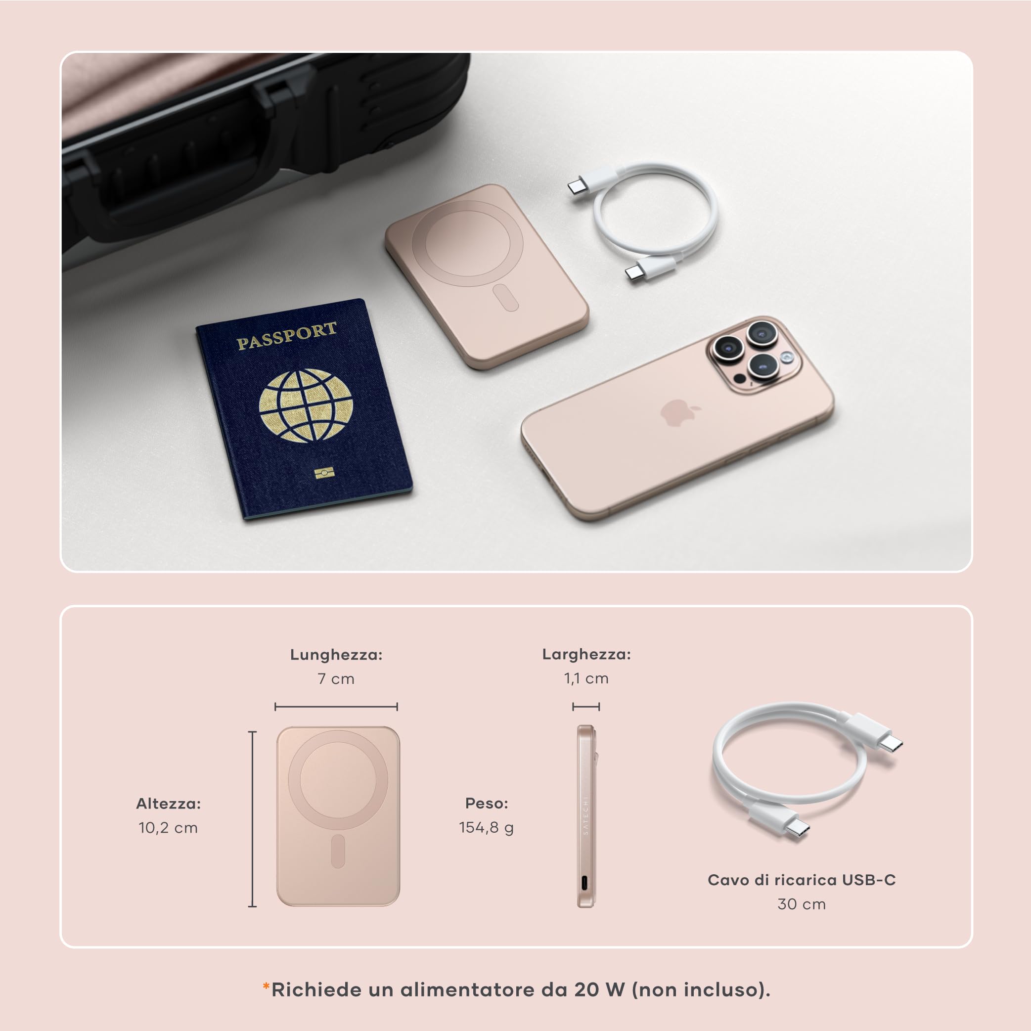 SATECHI OntheGo Power Bank MagSafe 5000mAh, Qi2, Supporto Integrato, Rosa | Ricarica wireless rapida 15W per iPhone e Android, compatibile con iPhone 17-12 e altro