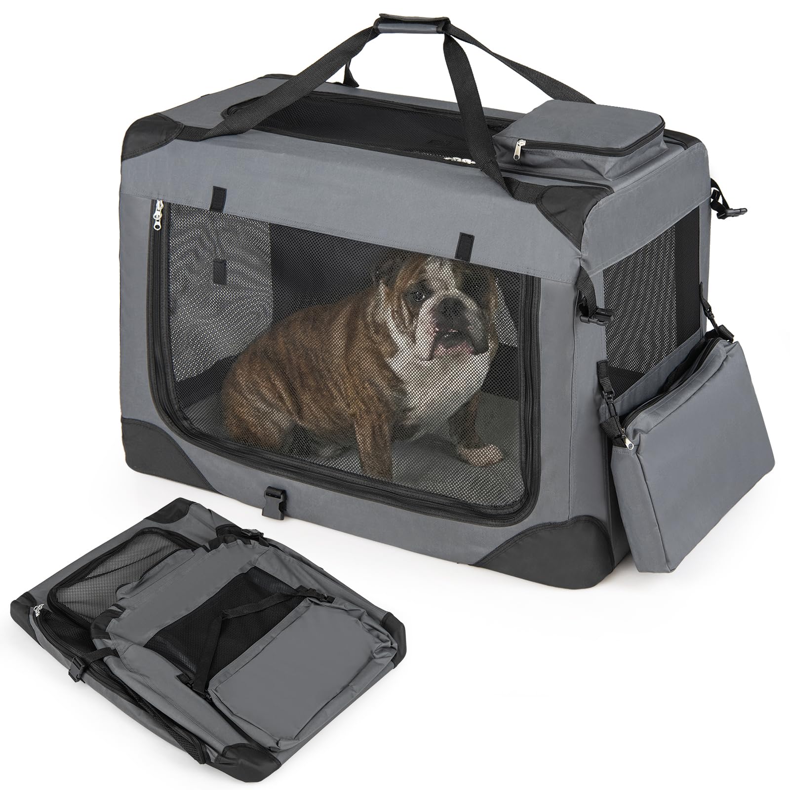 COSTWAY Hundebox Auto, Transportbox Hund faltbar (L-83,5 x 58 x 58 cm,Grau) | Hundetransportbox mit Griffen, 2 Taschen & abnehmbarem Pad, atmungsaktiv und tragbar, Katzenbox aus Oxford & Metallrahmen