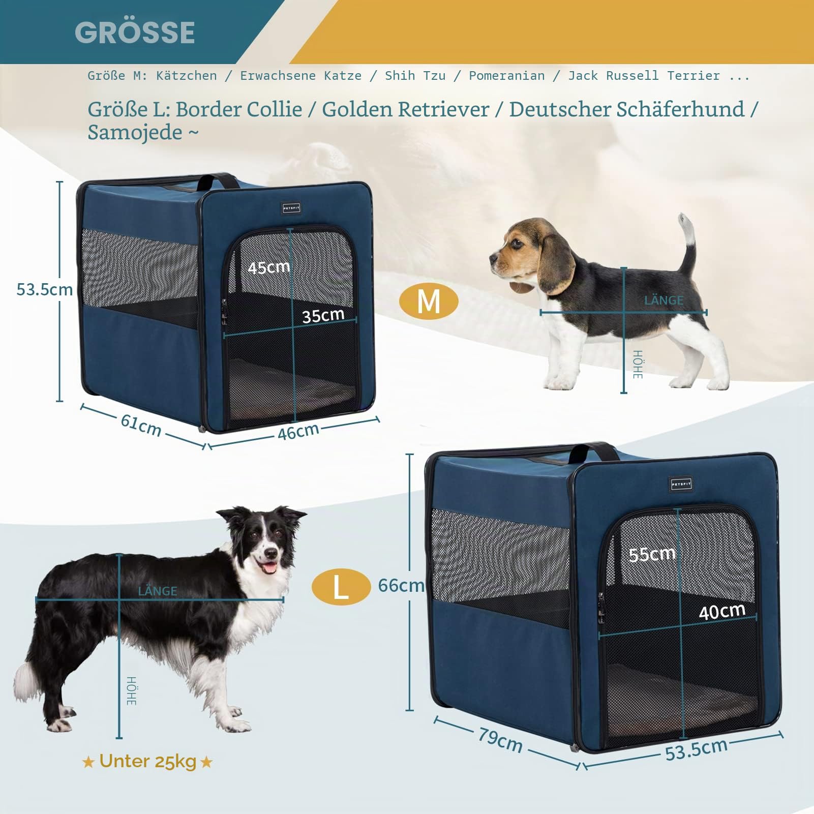 Petsfit Hundebox faltbar für zuhause, Hundetransportbox Faltbare Hundebox große Hunde, robust, leicht, sicher mit 3 cm dicken Plüschmatte, L 79x53.5x66cm