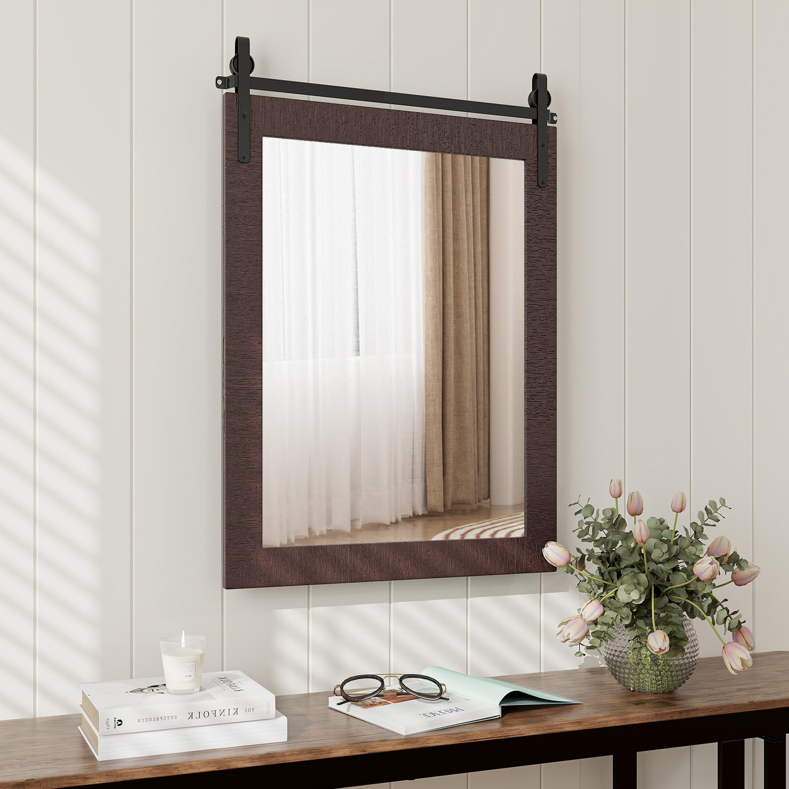 LIFEZEAL Espejo de Pared 76,5 x 57 cm, Espejo Rectangular con Marco de Madera y Soporte de Metal, Colgante Vintage para Cuarto de baño, Pasillo, salón (marrón Oscuro)