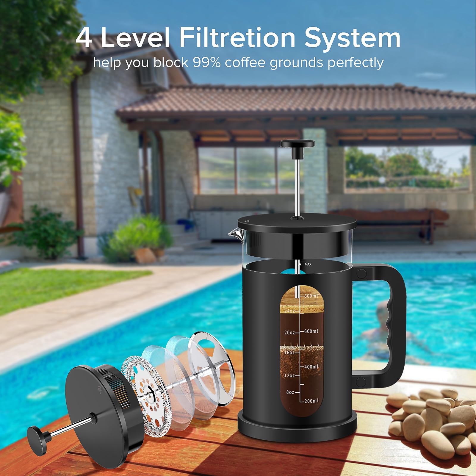 QUQIYSO Cafetera de prensa francesa, prensa francesa de acero inoxidable 304 con 4 filtros, vidrio de borosilicato resistente al calor, fácil de limpiar, sin BPA, cafetera sin óxido, 34 onzas, color