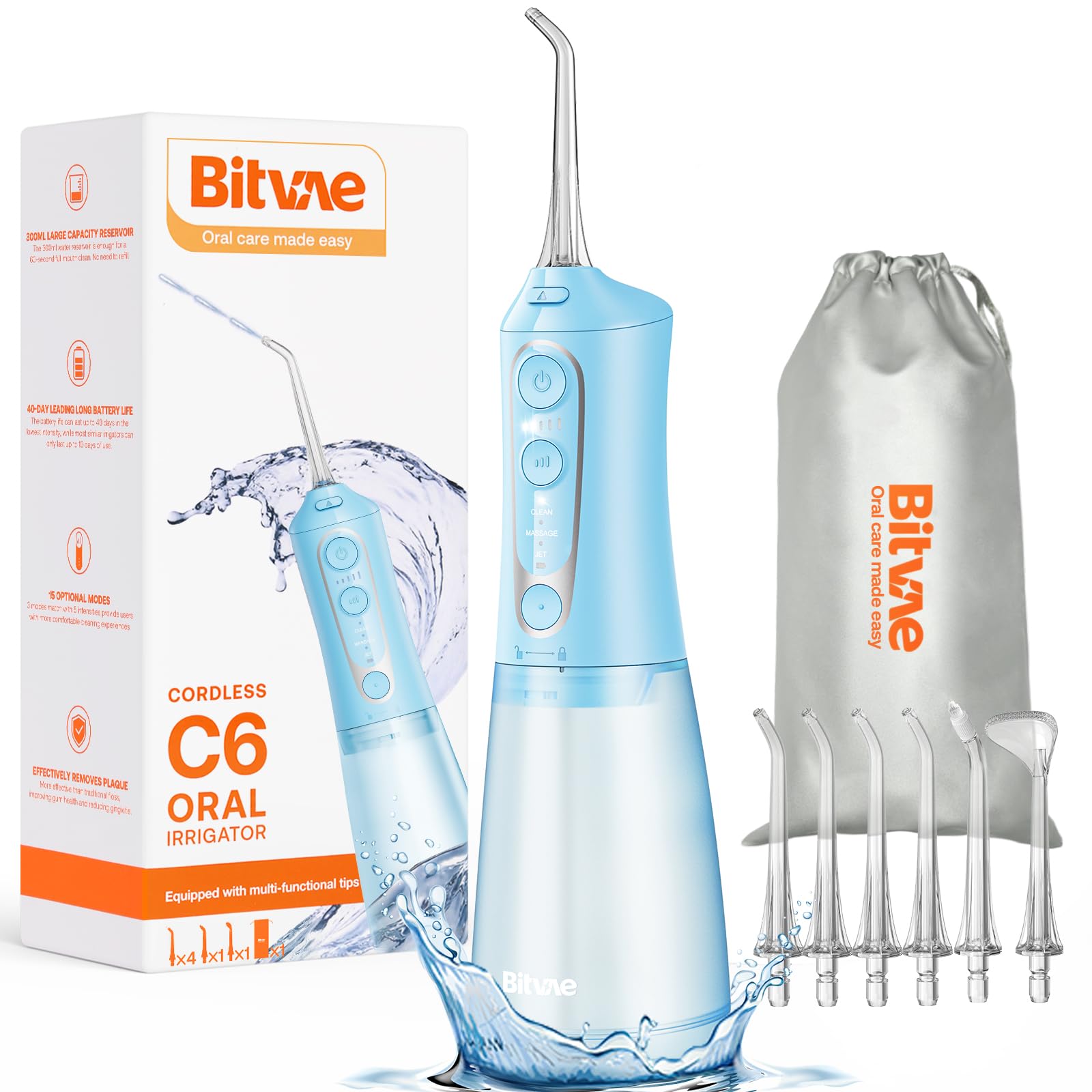 Bitvae Water Dental Flosser Teeth Pick, Cordless Flosser for Travel with 6 Jet Tips, 3 Modes 5 intensities, IPX7 Waterproof Portable & Rechargeable Oral Irrigator Cleaner, Sky Blue
