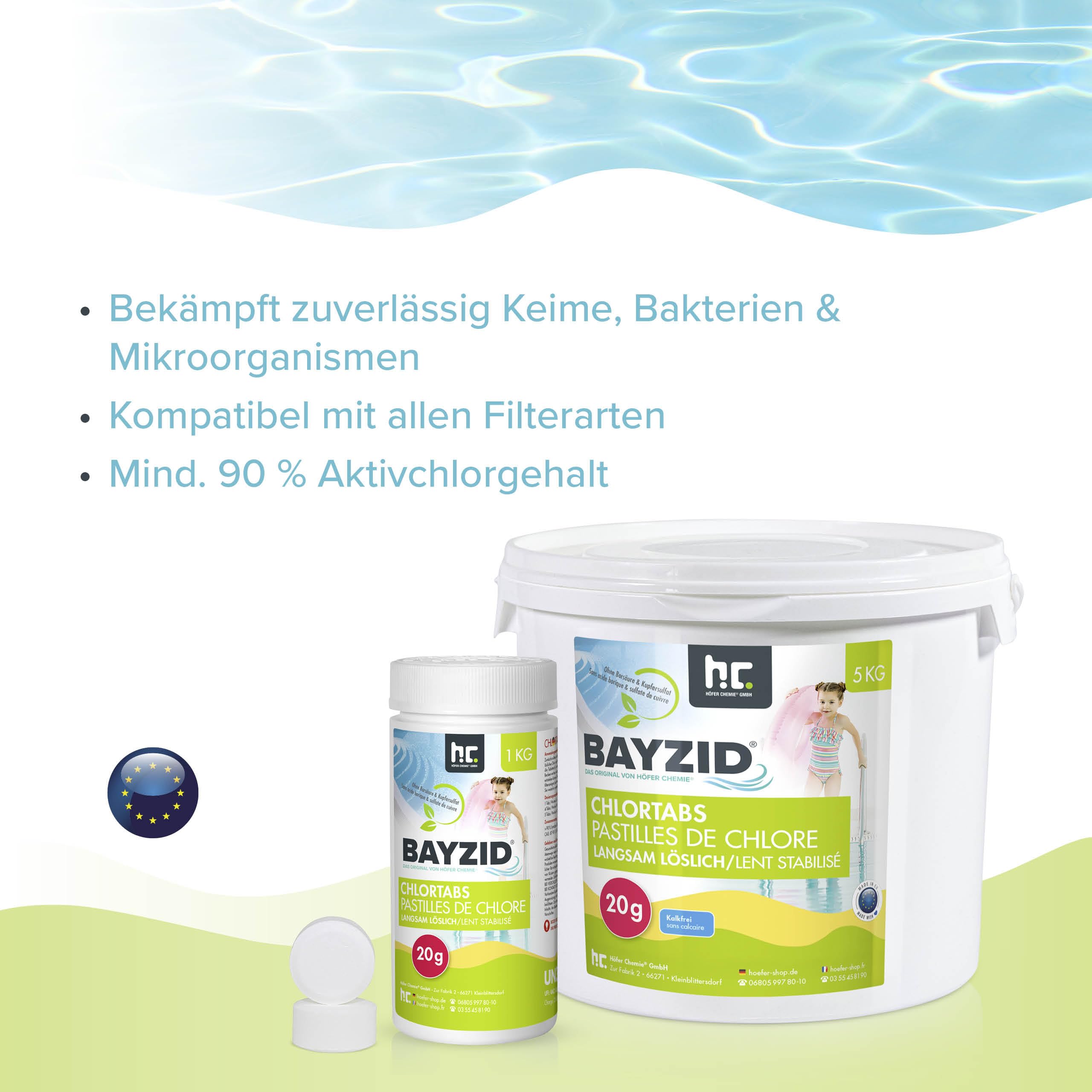 Höfer Chemie 20g Chlor Tabletten langsam löslich im 5 kg Eimer - zur dauerhaften Chlorung von Pool und Schwimmbad - Hochwirksam gegen Bakterien und Pilze - Bayzid