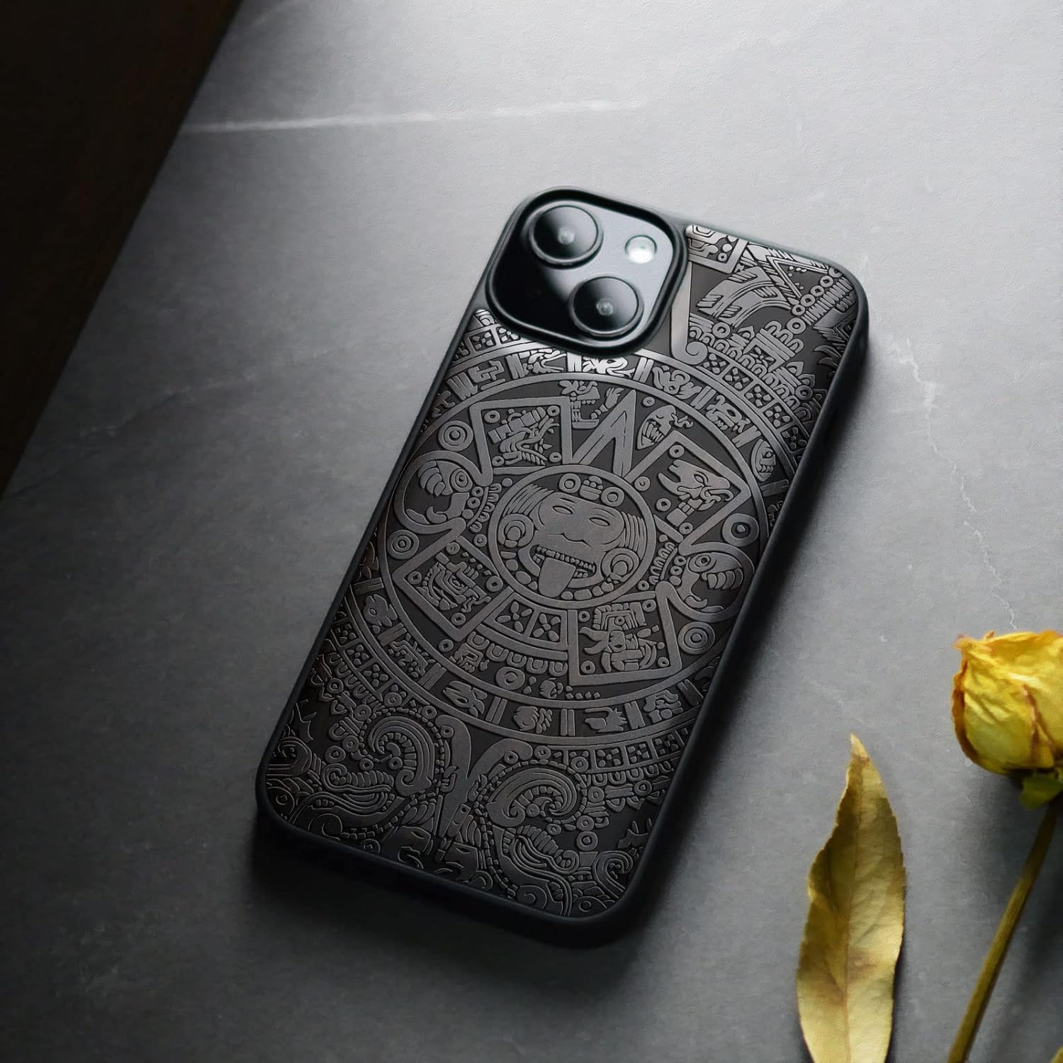 Carveit Magnetic Wood Case for iPhone 14 Plus Case [Natural Wood & Black Soft TPU] Unique & Classy Wooden Shockproof Protective Cover Compatible with magsafe (Mayan Symbols Calendar -Blackwood)