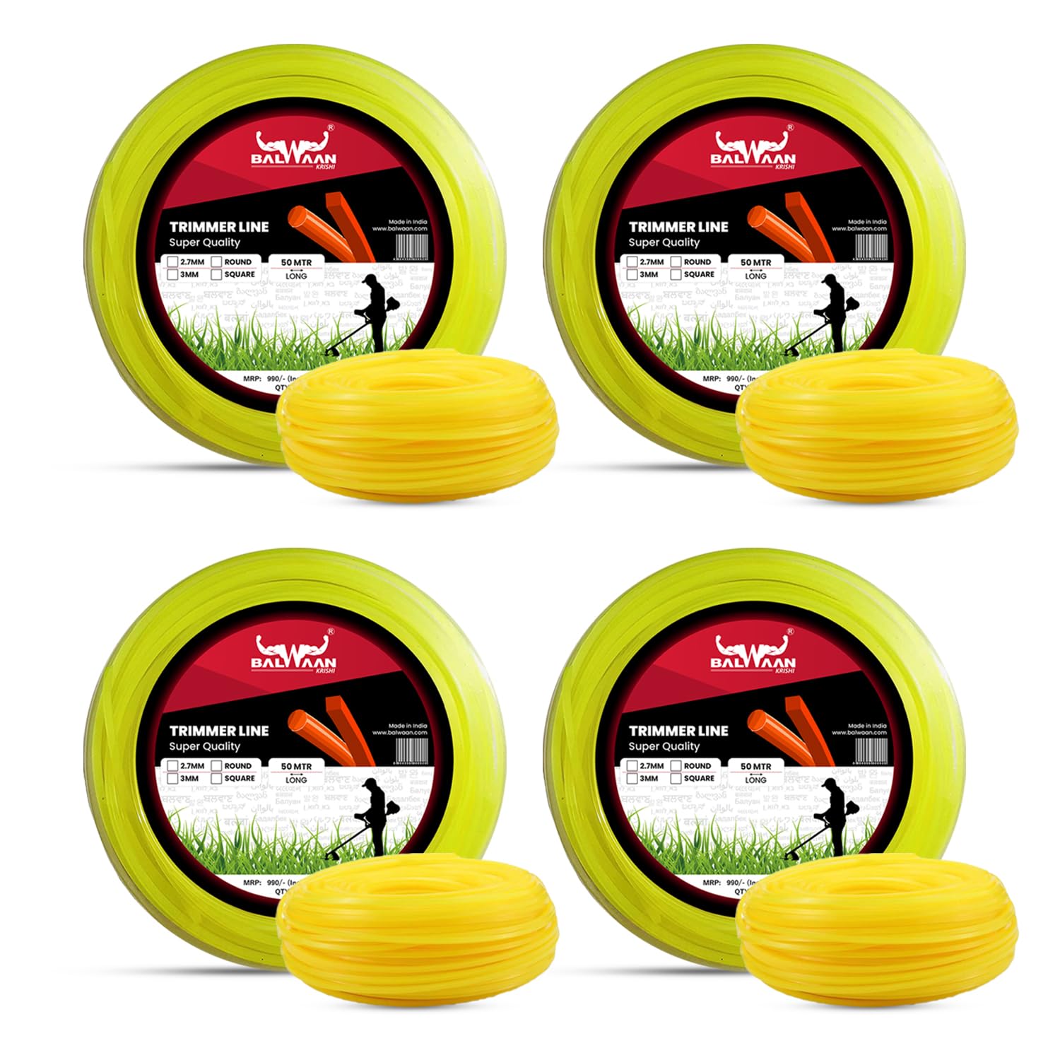Balwaan Krishi Trimmer Line 3mm 50 Meter Pack of 4 (Square) | Nylon Rope Bundle for Tap n Go | Suitable for All Types of Brush Cutters | Used in Grass Cutting (B0CKL7Y1HG) Amazon Price History, Amazon Price Tracker