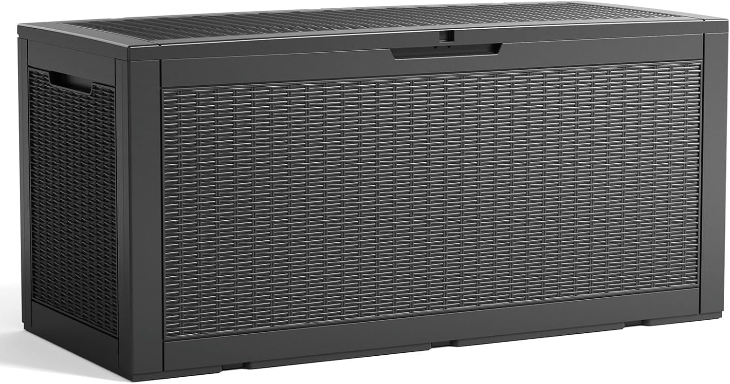 100 Gallon Waterproof Outdoor Resin Deck Box with Lockable Lid, Stylish Wicker Pattern, Easy Assembly Features and Convenient Handles For Cushion, Pillows and other Patio Furniture (Black)