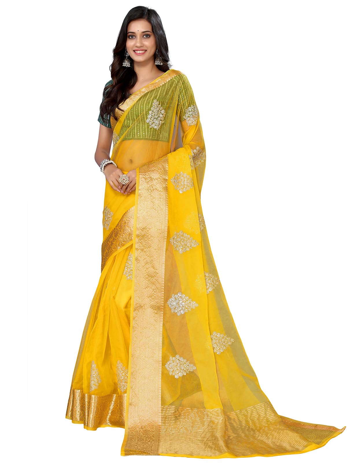 Satrani Women'S Organza Jacquard Border Saree With Unstitched Blouse Piece