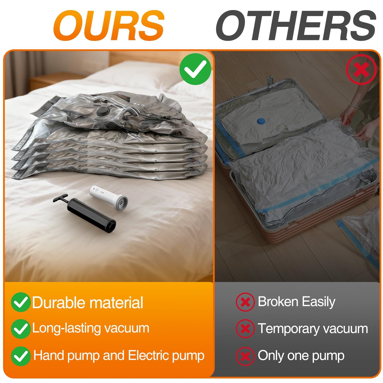Bolsas de almacenamiento al vacío para viajes con 2 bombas, paquete de 12 bolsas reutilizables para ahorrar espacio con bomba eléctrica recargable y bomba manual que ahorra un 80% de espacio para