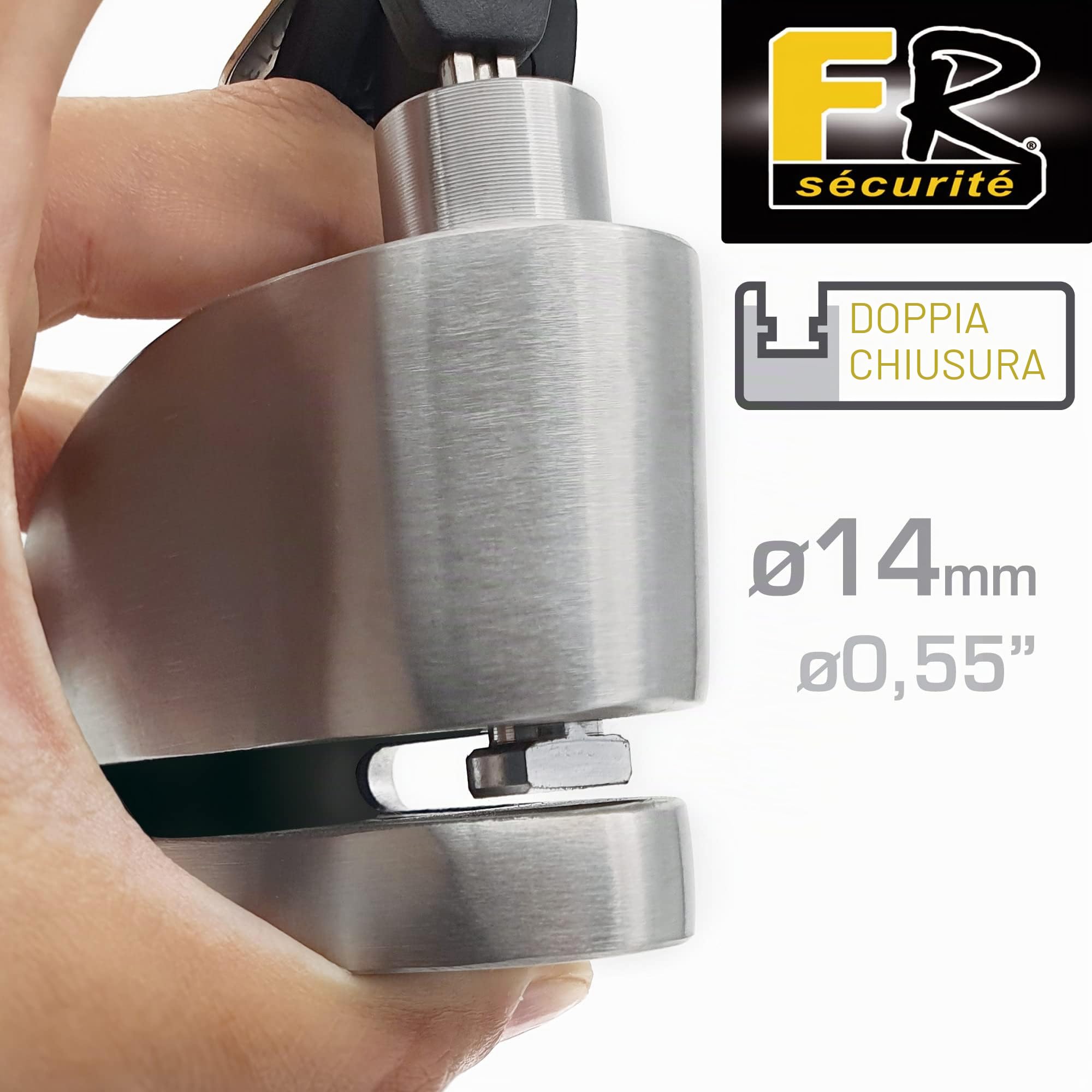 FR SECURITE FR114S Bloccadisco Moto Omologato SRA, Doppia Serratura ø14mm, Serratura in Acciaio Inossidabile Alta Sicurezza, Cavo Promemoria, Lucchetto Antifurto Moto Pinza Scooter, Bicicletta