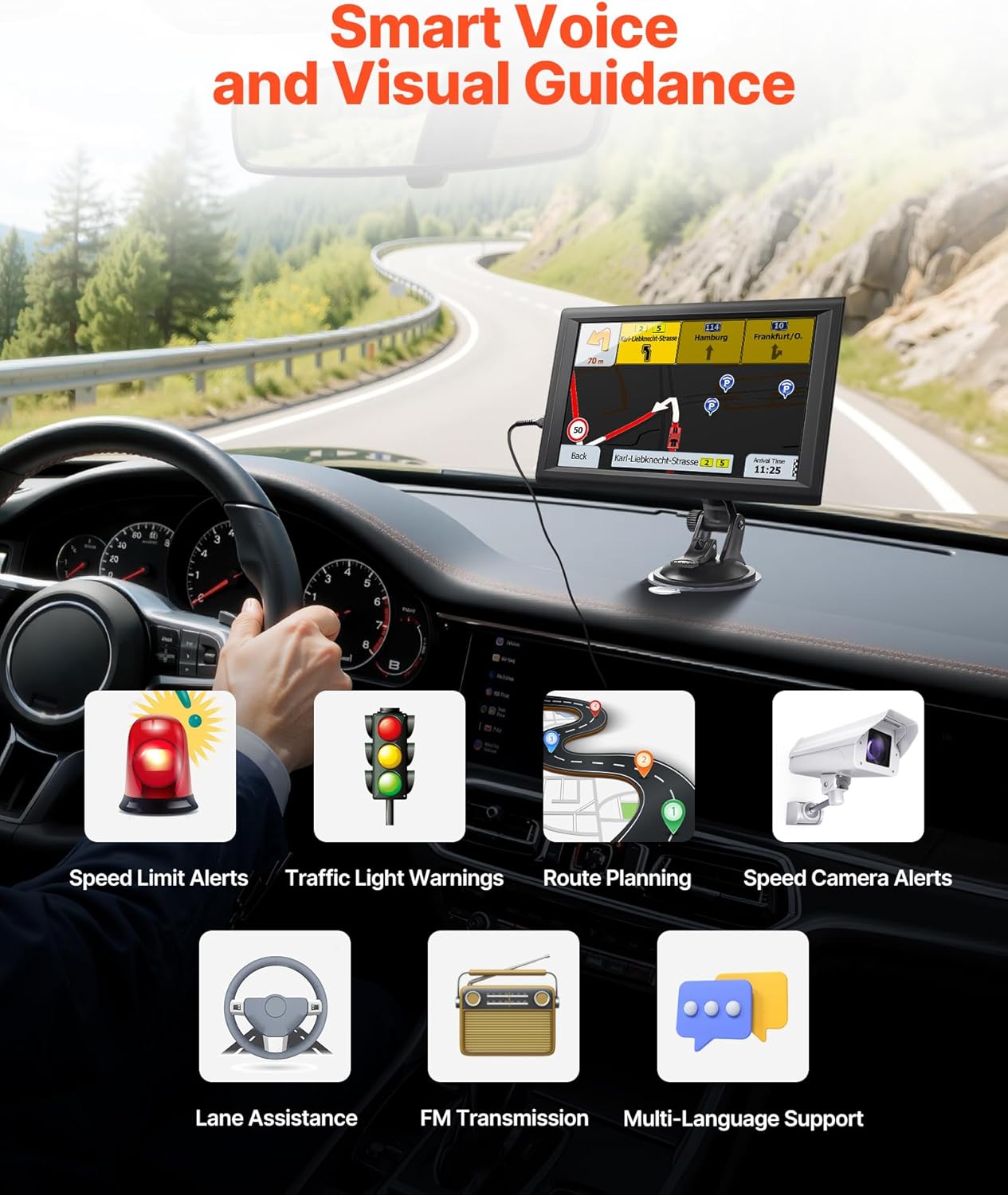 VEVOR GPS Navigator S900 displaying smart voice and visual guidance features including speed limit alerts, traffic light warnings, route planning, speed camera alerts, lane assistance, FM transmission, and multi-language support.