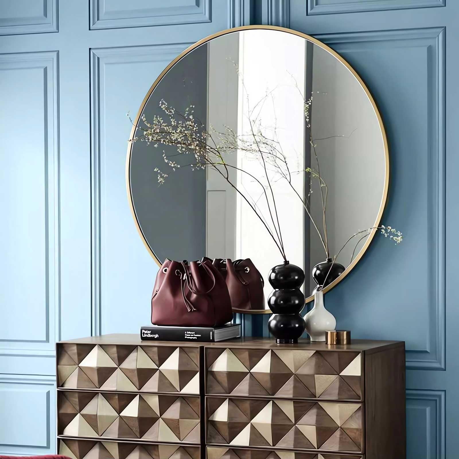 Miroir décoratif doré rond en alliage d'aluminium pour salon moderne