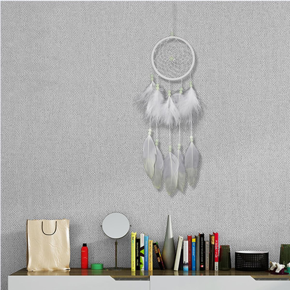 KALLORY Luminous Beads Plume Dream Catcher Handmade Wall Hanging Pendant Home Decoration for Bedroom and Car Ornament Party Décor