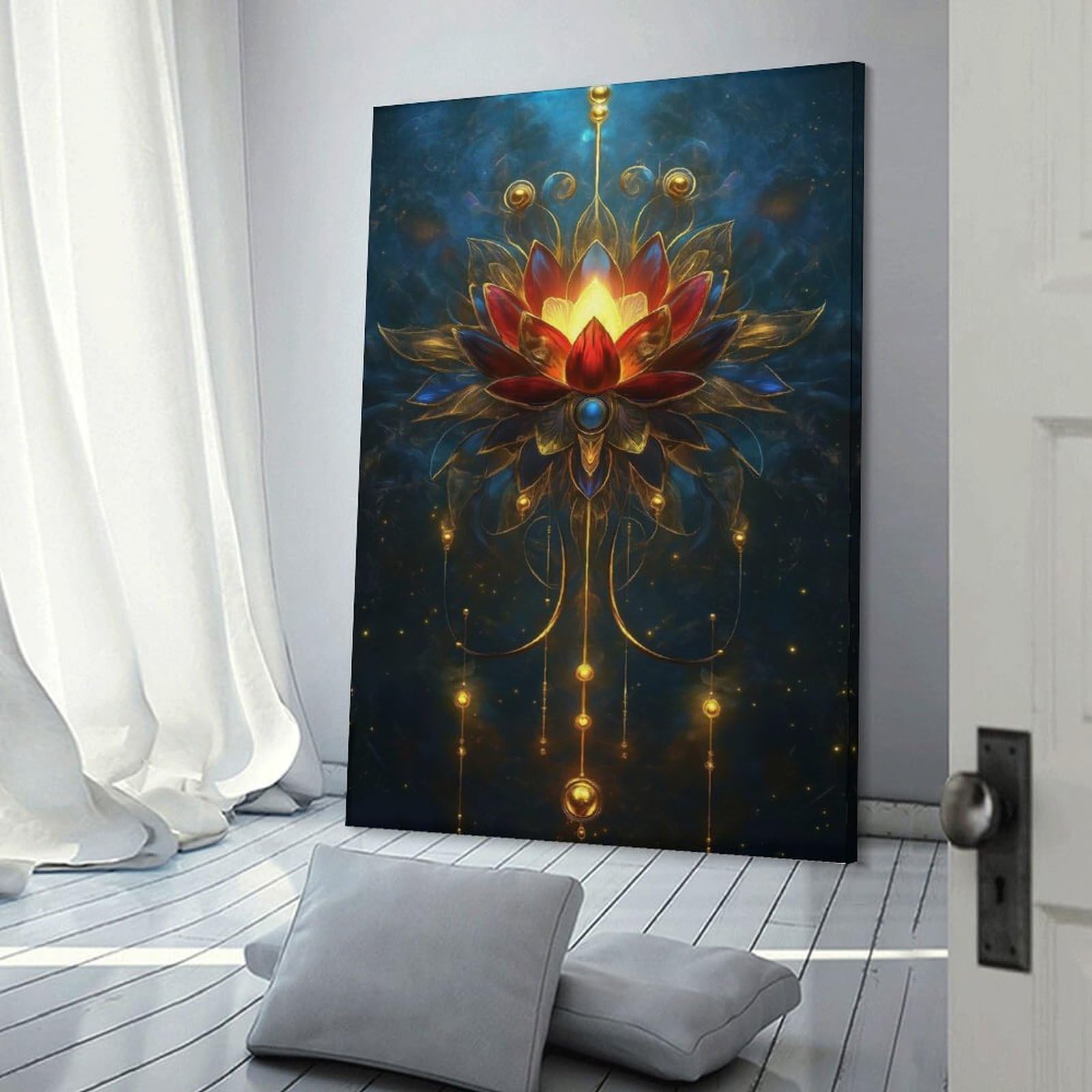 Junmoney Golden Lotus Mandala Wall Decor Canvas Print, 24x36inch(60x90cm), for Bedroom, Lounge Or Dressing Area, Decorative Wall Art for Cosy Rooms