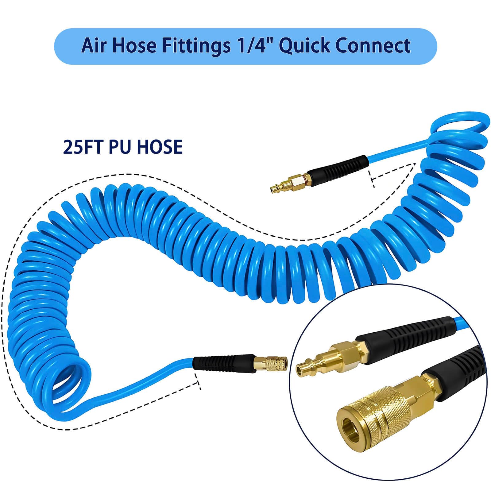 QiLeeCar Polyurethane Air Hose, 1/4 in x 25 ft, Bend Restrictor, Air Compressor Hose with 1/4 Solid 100% Pure Copper Quick Connect Fittings and I/M Plug Kit, Coiled PU Air Hose 1/4