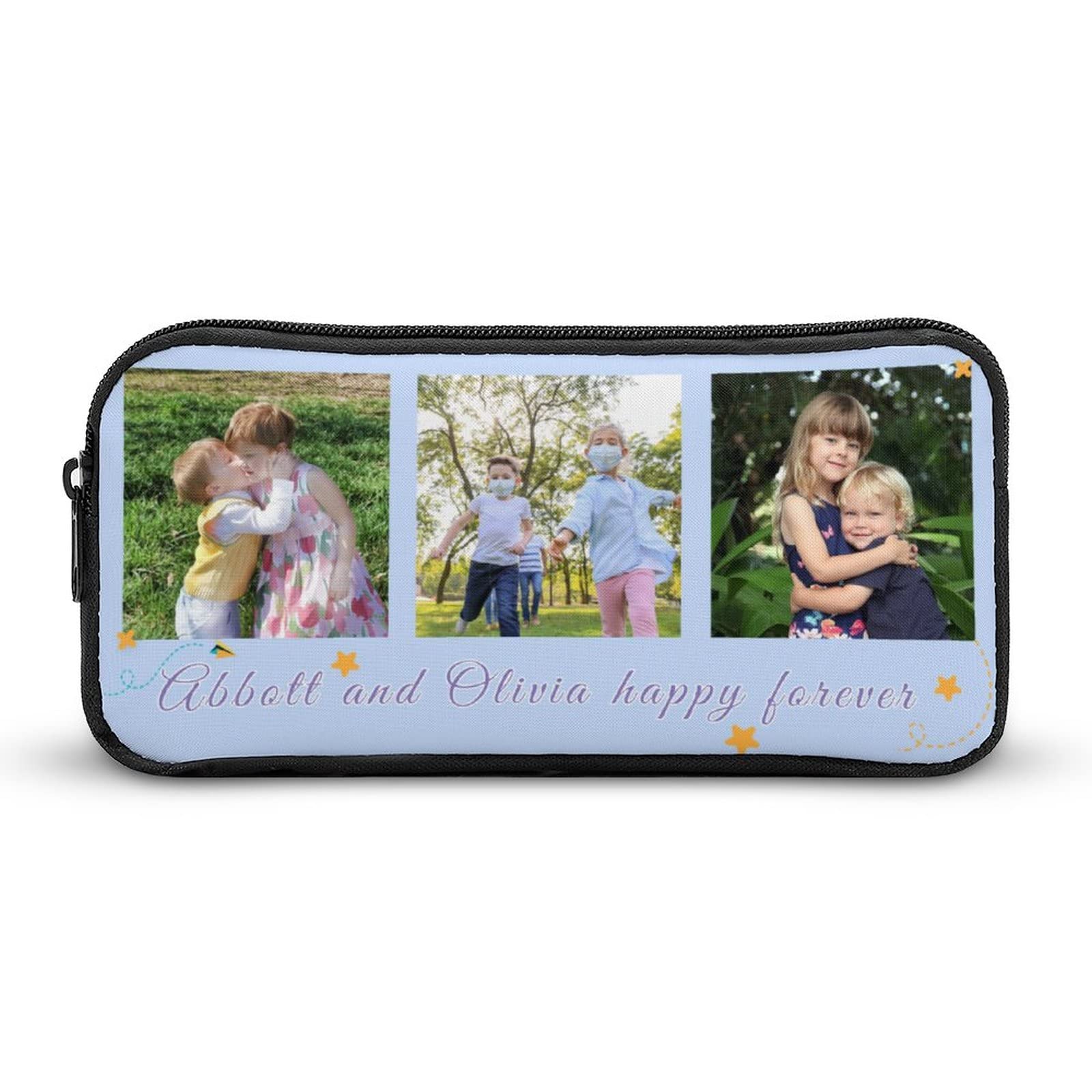 Naispanda Personalized Name Pencil Pen Case Custom 3-Photos Collage Office College School Stationery Bag Pouch Holder Box Organizer Personalised Pencil Cases Gift for Teenage Girls Boys