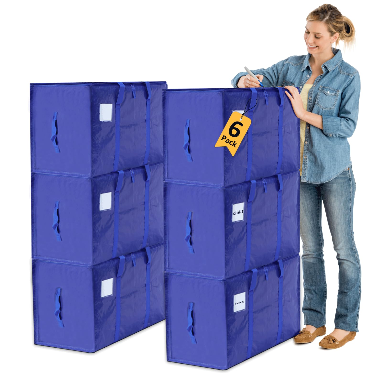 Moving Bags Heavy Duty Extra Large, Moving Boxes, Moving Supplies Essentials, Blue Storage Bins with Lids, Plastic Packing Totes, Storage Bags for Clothes with Handles & Zippers(Blue, 6 Pack)