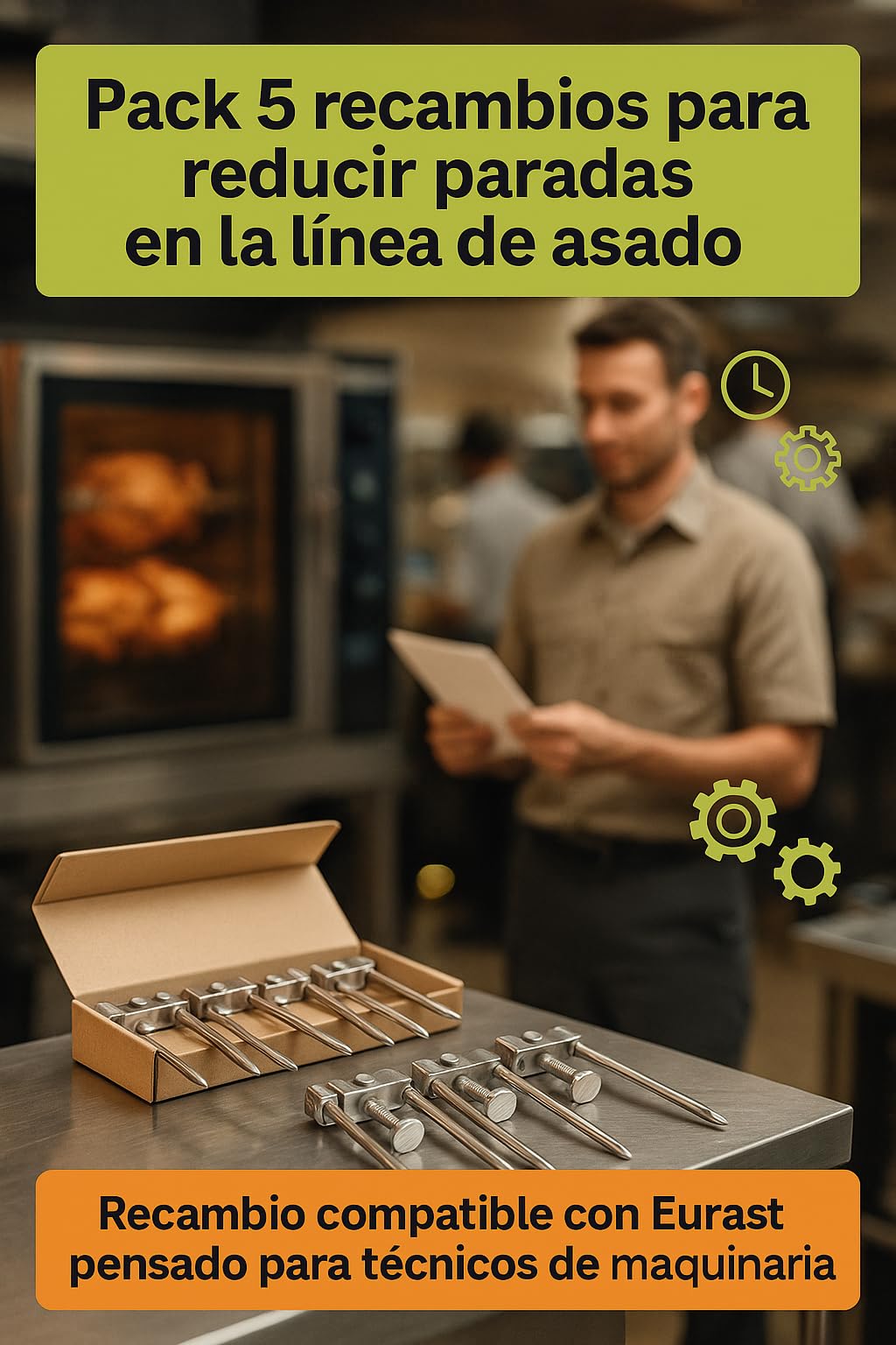 Pincho Asador con Tornillo Pack 5 Recambio Profesional para Asador Pollos Compatible con Eurast 97AP10002 Acero Inoxidable para Espadas 12mm Maquina Hosteleria Bar Restaurante