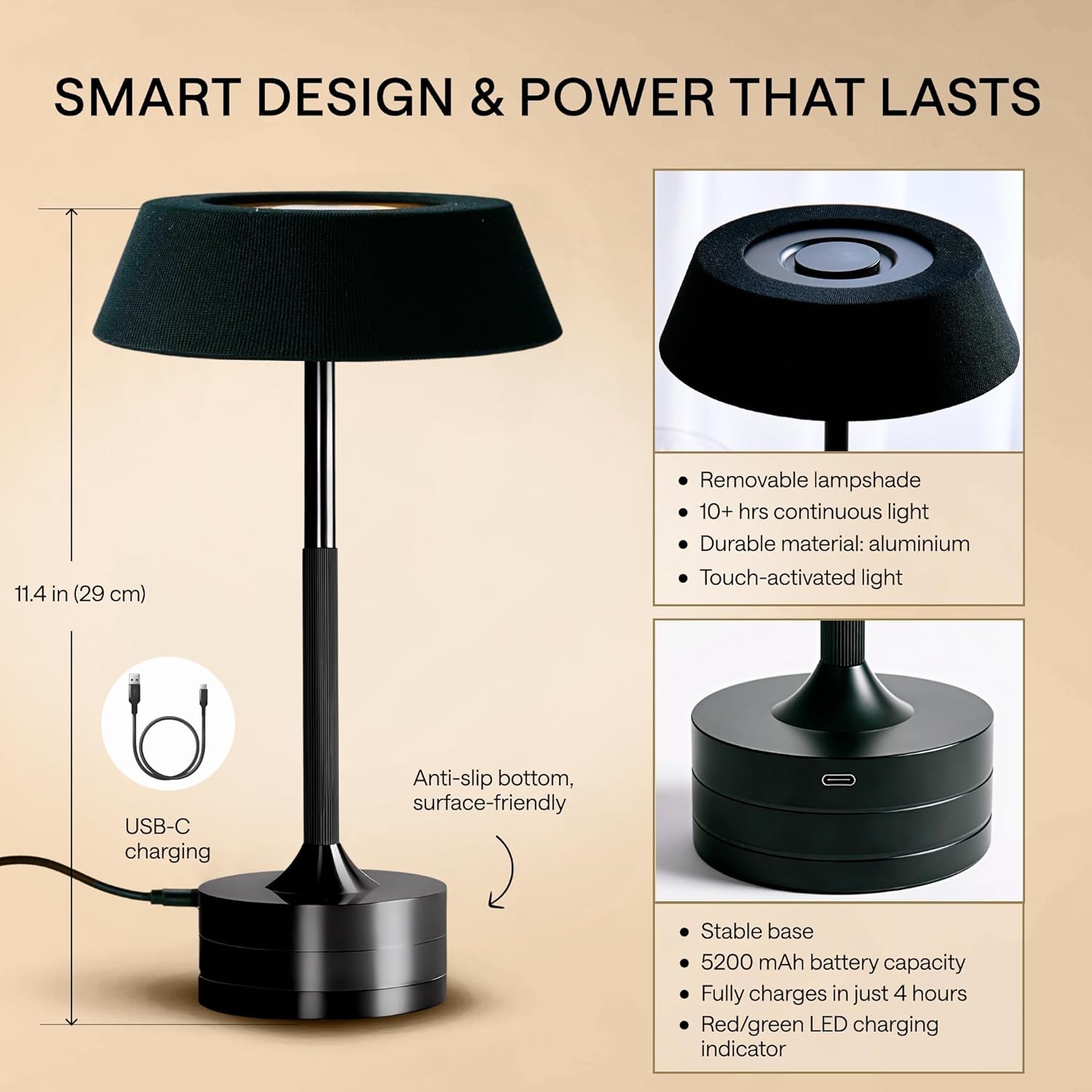 LED Cordless Table Lamp - Rechargeable Light for Home, Bedside, Kitchen - Small Dimmable Tap Lights - Battery Powered Touch Lamp for Desk Wireless - Black and Gold Lamp Shades, IP44, USB Type C Cable