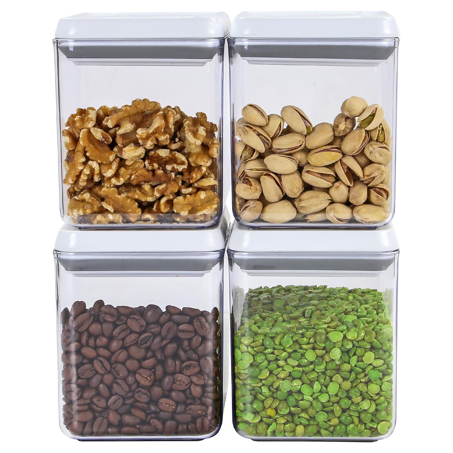 Livhome Set of 4 Airtight 1L Food Storage Containers, Stackable BPA-Free Kitchen Pantry Organiser with Pop-Up Lid, Clear Plastic Bins for Dry Food, Cereal, Snacks, and Baking Supplies