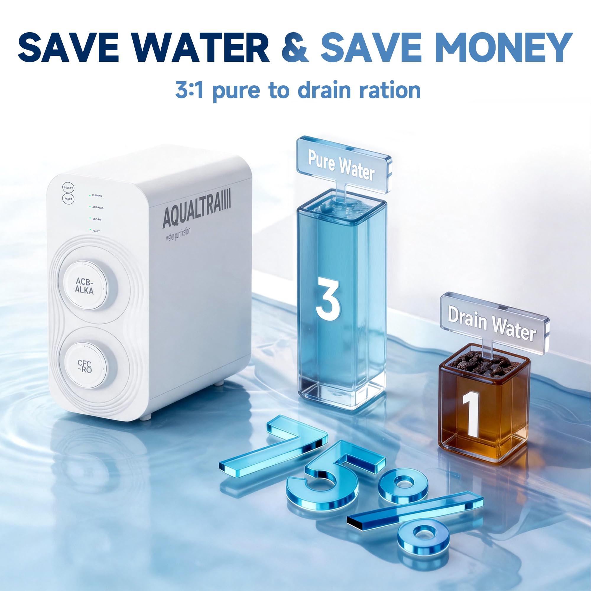 AQUALTRA USF-AR-1000 Système d'osmose inverse sous évier, osmoseur alcalin 10 étages sans réservoir, certifié NSF/ANSI/CAN 372, 1000 GPD, rapport pur/eaux usées 3:1, robinet LED intelligent