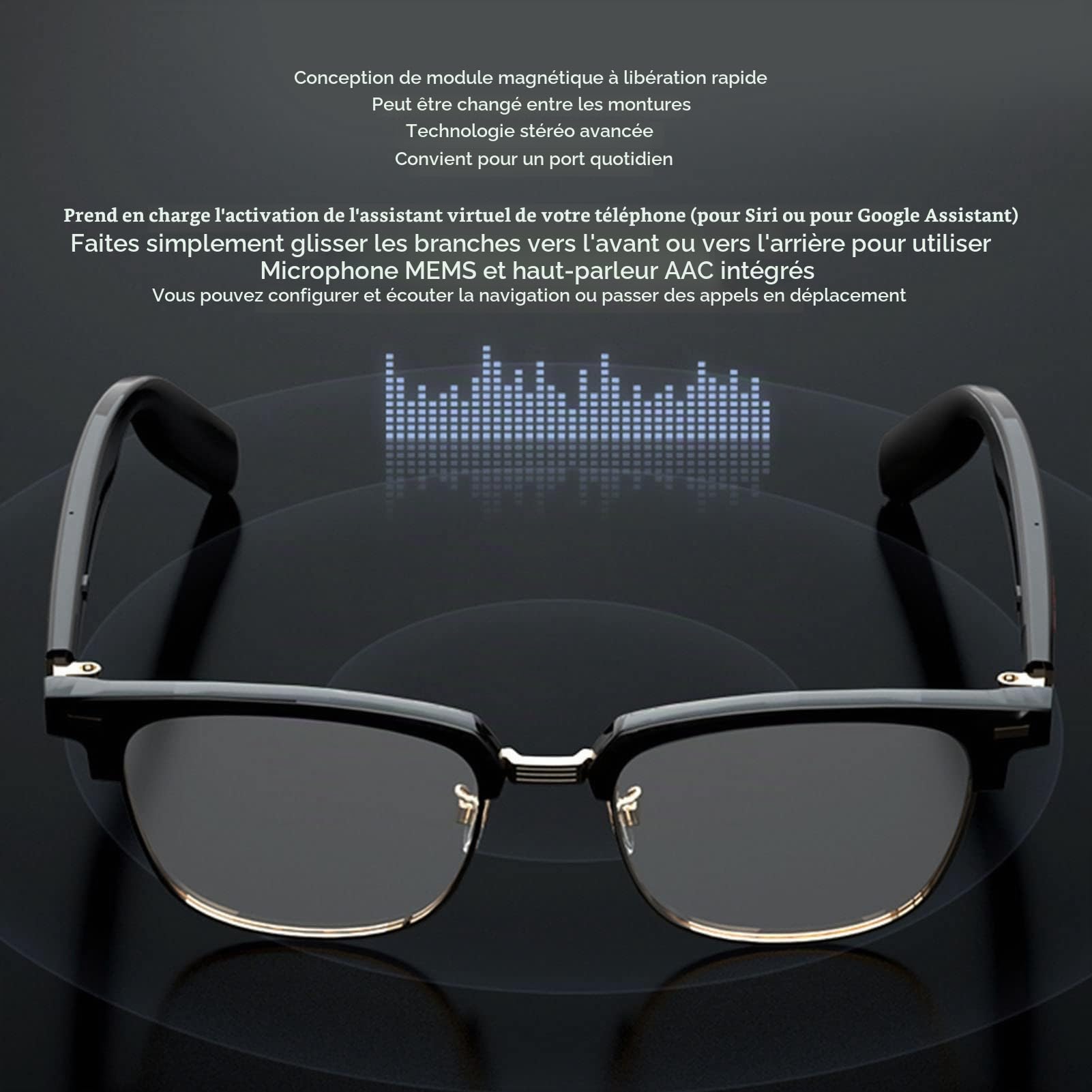 Lunettes Intelligentes Bluetooth 5.3, IP67 Étanches Double Batterie 115mAh Autonomie 7h | Détection Corps Humain Activité Sport Course Conduite | Haut,parleur AAC Micro Intégré