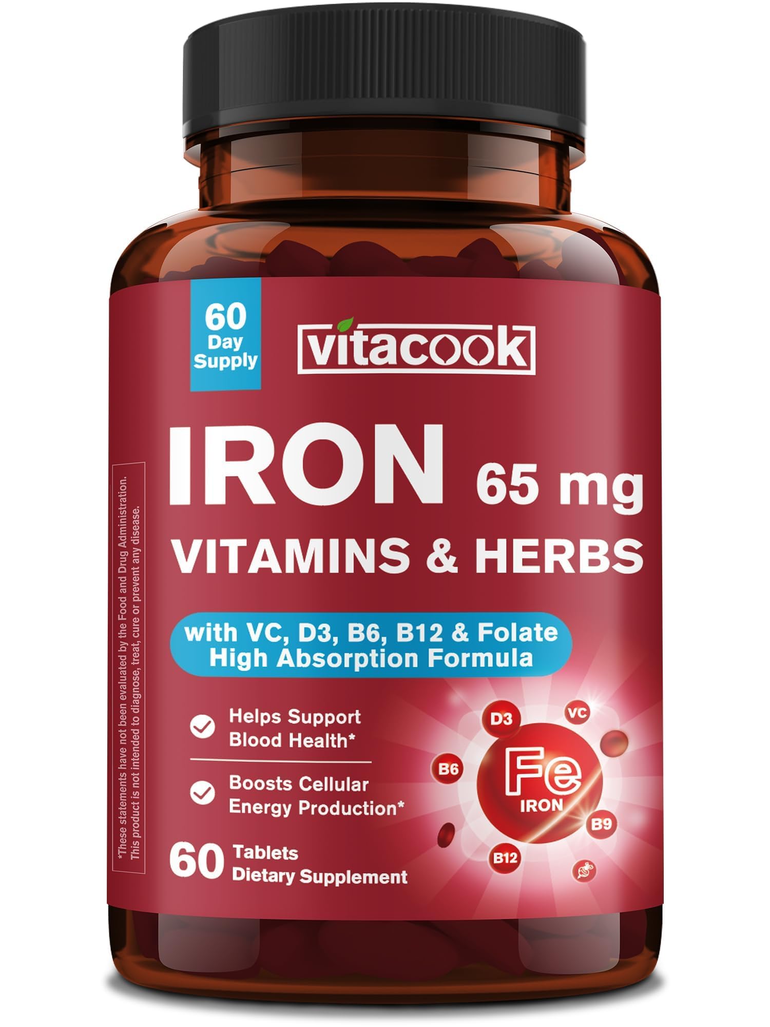 Iron Supplement 65mg, Blood Building & Energy Support, 60 Tablets 60 Count (Pack of 1)