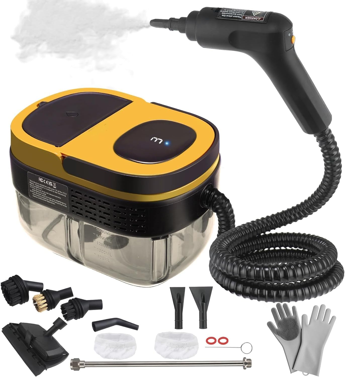 Steam Cleaner 2500W Handheld Steamer with 1.6L Tank, 3 Steam Levels, Portable Steam Cleaning Machine for Home, Car Detailing, Furniture, Bed Bugs & Grout – Yellow