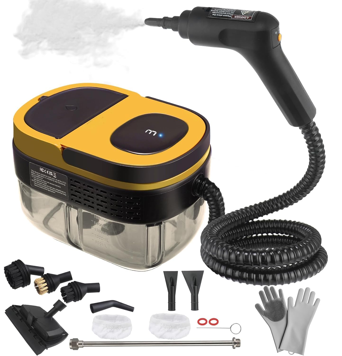 Steam Cleaner for Home, 2500W Handheld Steam Cleaner, 1.6L Water Tank, 3 Levels Adjustable Handle, Portable Cleaning Steamer for Home, Car Detailing, Bed Bugs, Furniture, Couch, Grout - Yellow
