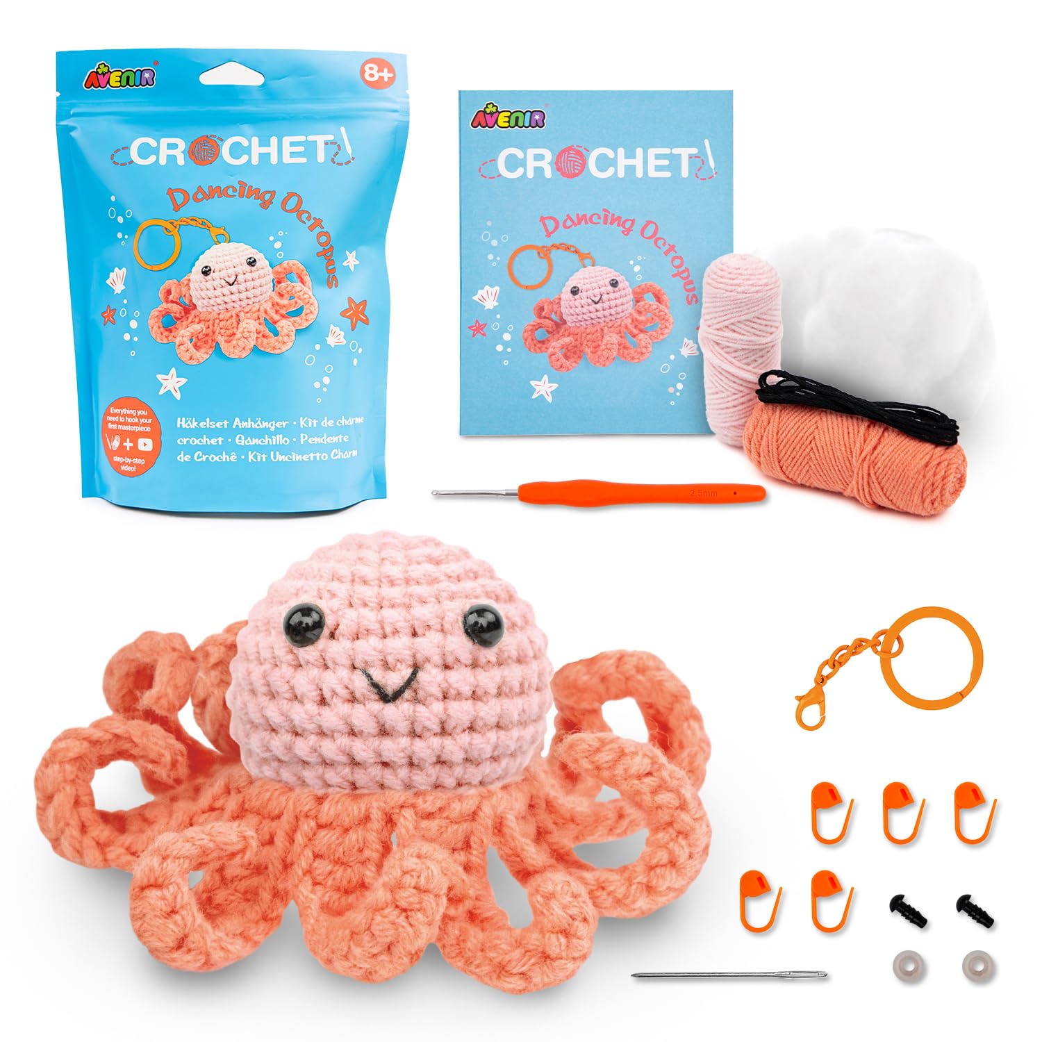 Avenir Beginner Crochet Kit – Dancing Octopus Bag Charm | Crochet Kit for Beginners with Video Tutorials, Pre‑Started Yarn & Full Supplies | Cute Crochet Animal Craft Gifts