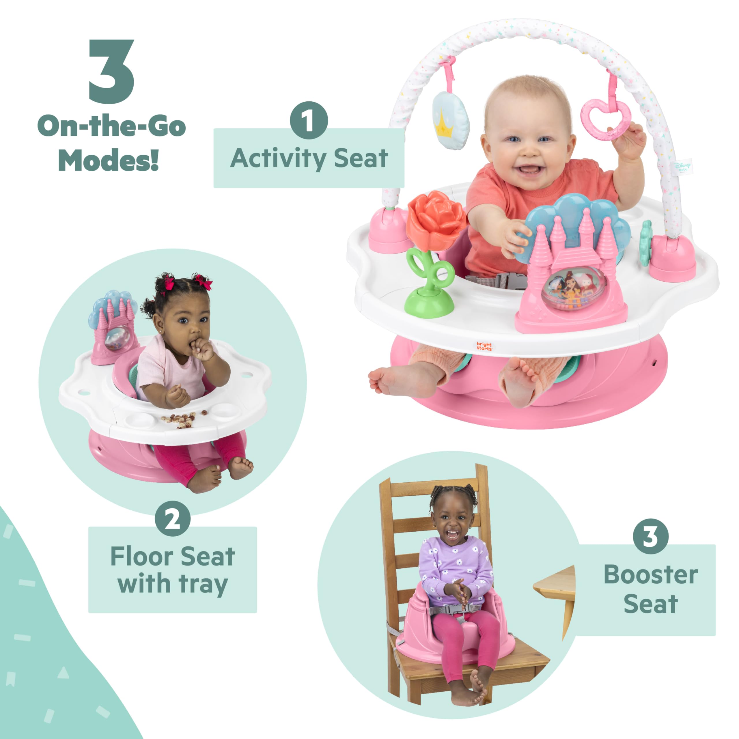 Bright Starts, SuperSeat Disney Princess, zabawne siedzenie dla dziewczynek, do nauki siedzenia, zabawy i jedzenia, 4 miesiące-4 lata, różowe