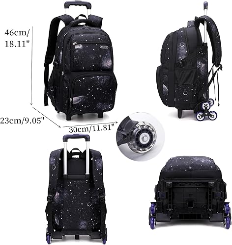 Miniatura 2 de Mochilas con ruedas para niños, mochila con ruedas para escuela, bolsas de carrito con ruedas y bolsa de almuerzo, negro, (Black-Starry Sky),