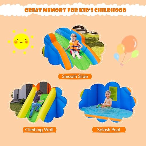 Vista 19 de HONEY JOY Tobogán acuático inflable, parque acuático gigante, castillo hinchable para patio trasero, pared de escalada, piscina de chapoteo