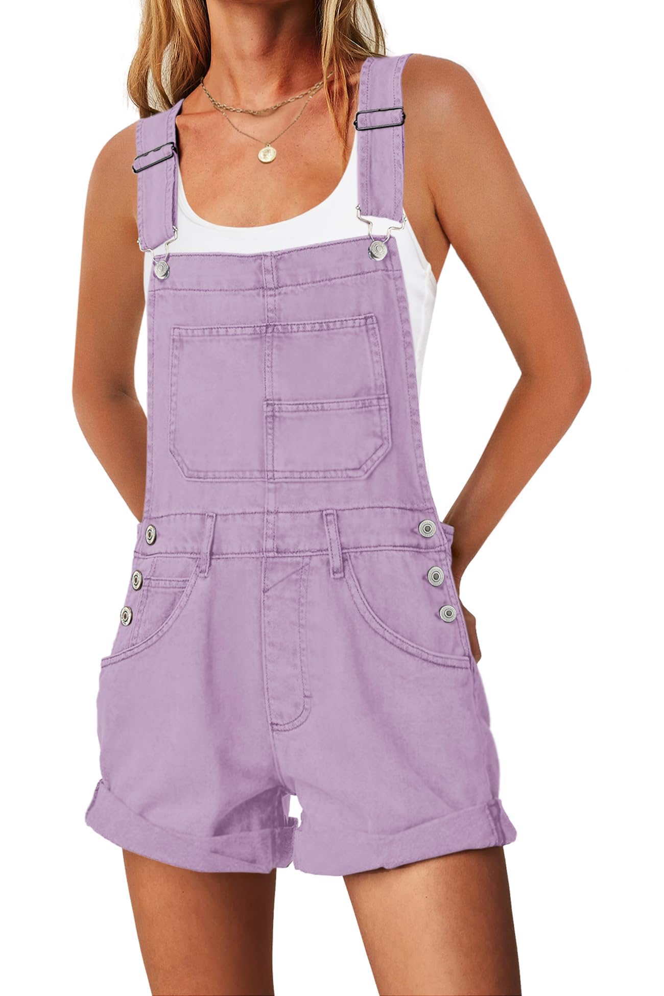 ReachMe Womens Casual Adjustable Bib Overall Shorts Classic Cuffed Hem Shorts Romper Vintage Shortalls with Pockets