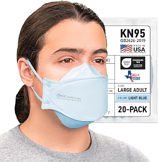 BNX 20-Pack KN95 Face Masks, Disposable Particulate KN95 Mask Made in USA, Tri-Fold Cup/Fish Style (20 Pack) (Earloop) (Model: EF95) Light Blue