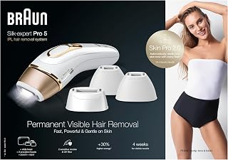 Braun IPL Silk-Expert Pro 5, depilación visible permanente con bolsa, 1 cabezal ancho y 2 cabezales de precisión y maquinilla de afeitar Venus, alternativa para depilación láser, regalo para mujeres,