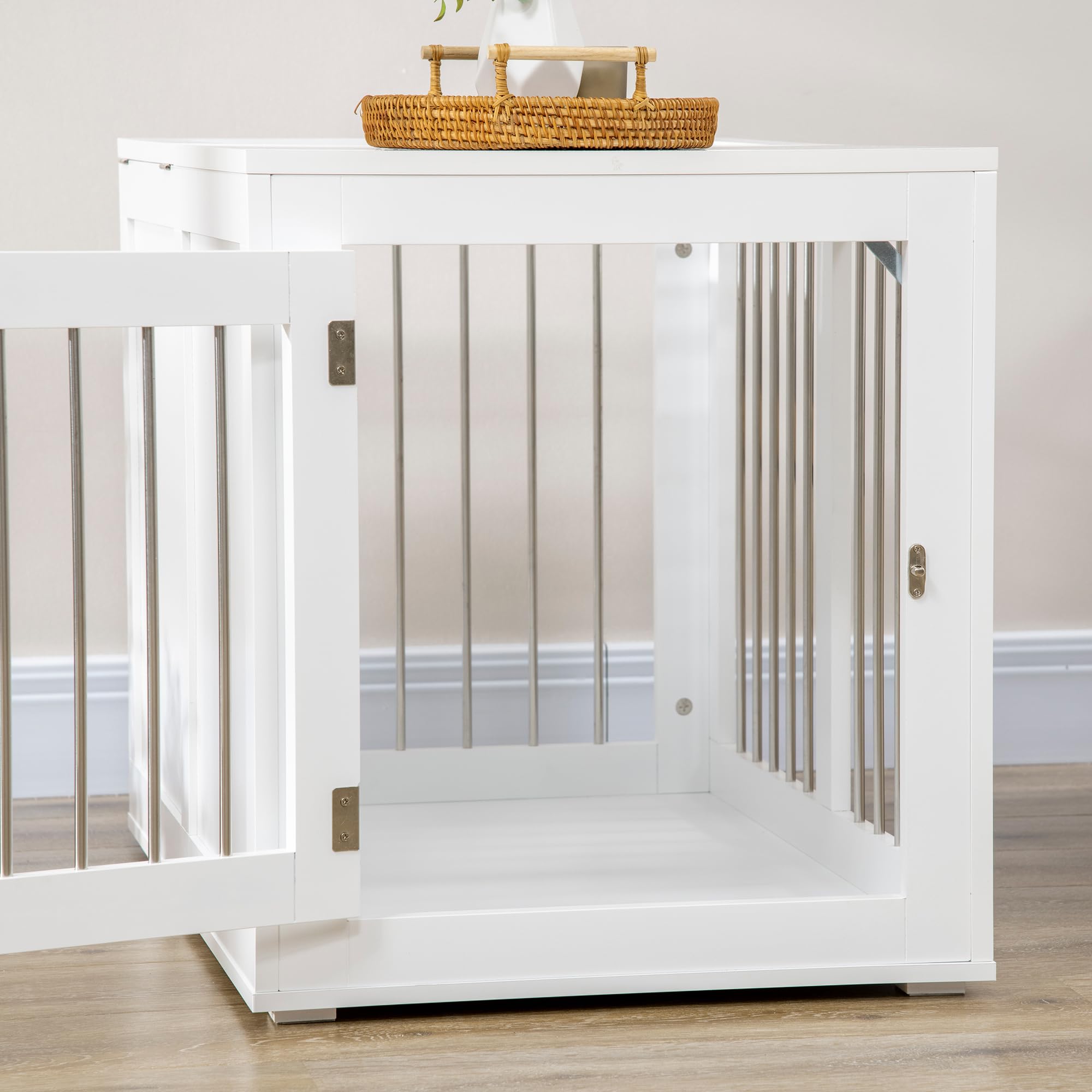 PawHut Cage pour chiens avec 2 portes verrouillables, maison pour chien, taille moyenne, pour intérieur, acier et MDF, 80 x 50 x 56,5 cm, blanc