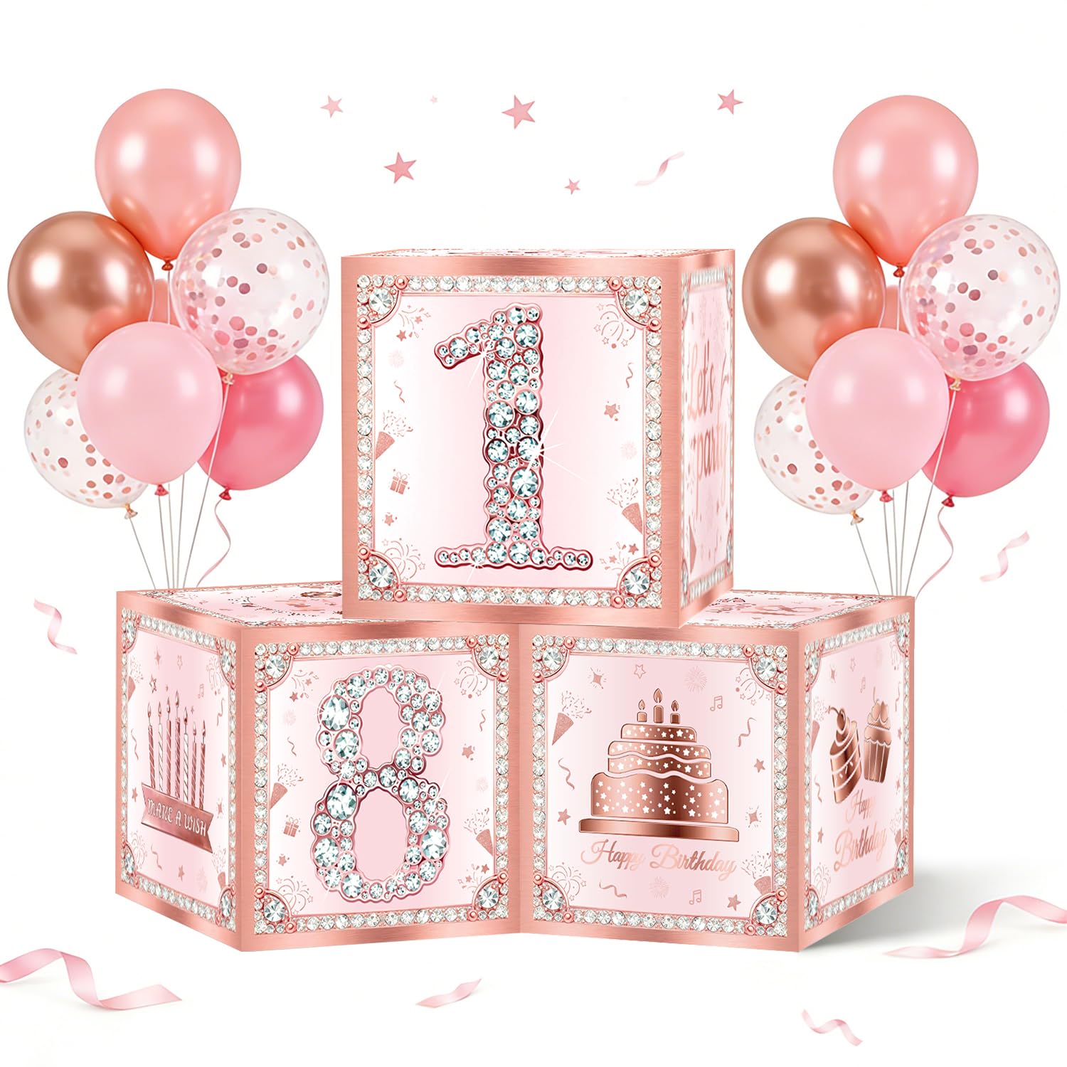 18th Birthday Decorations for Girls, 3Pcs Rose Gold 18th Birthday Decoration Boxes, 18 Year Old Party Supplies Cardboard Box , eighteenth Birthday Theme Cube Boxes Table Decorations for Girls