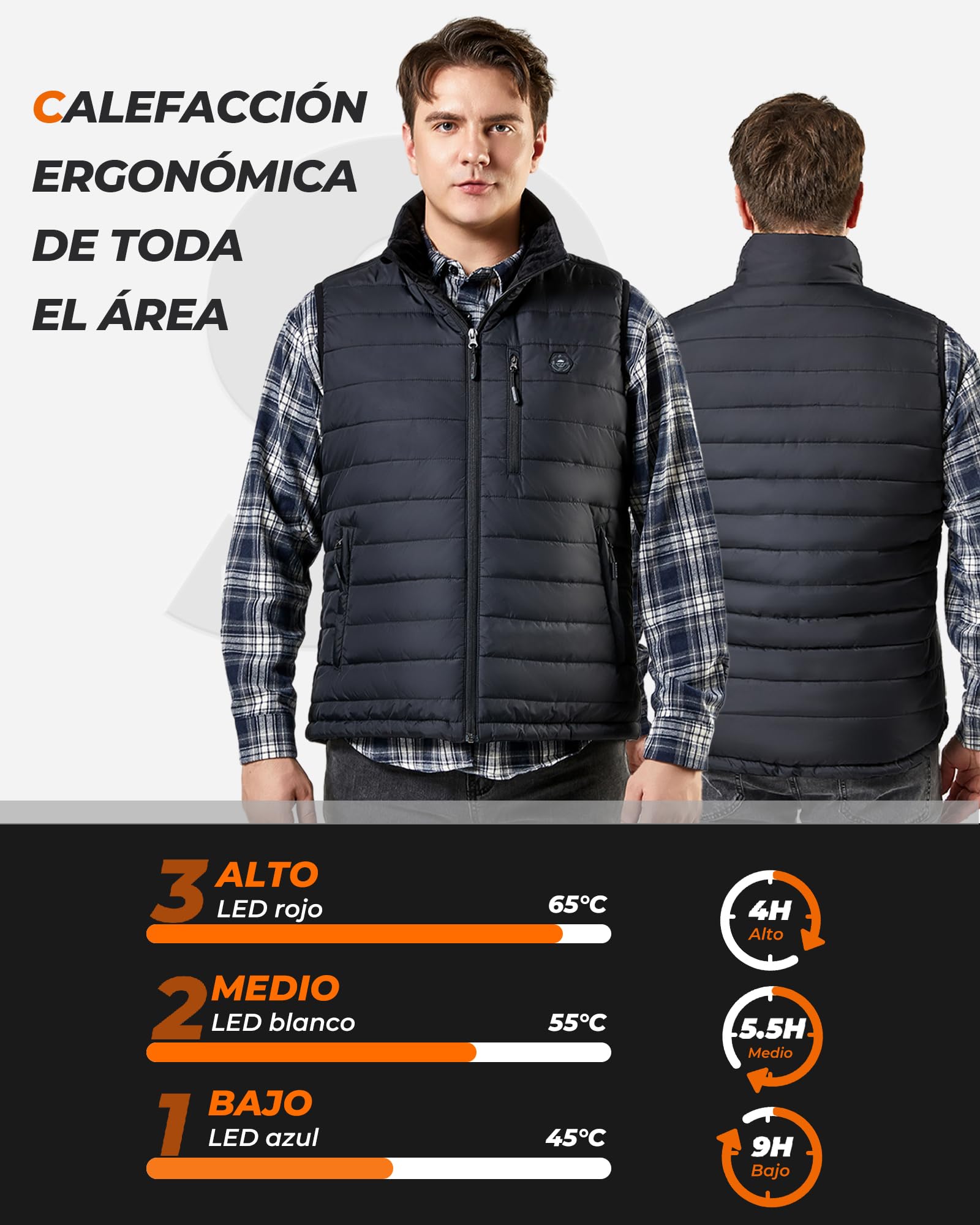 Chaleco Calefactable Hombre con Bateria de 16000mAh - Chaleco Calefactable con 9 Zonas de Calefacción y 3 Temperaturas Ajustables, Chaleco Calefactable para Actividades al Aire Libre