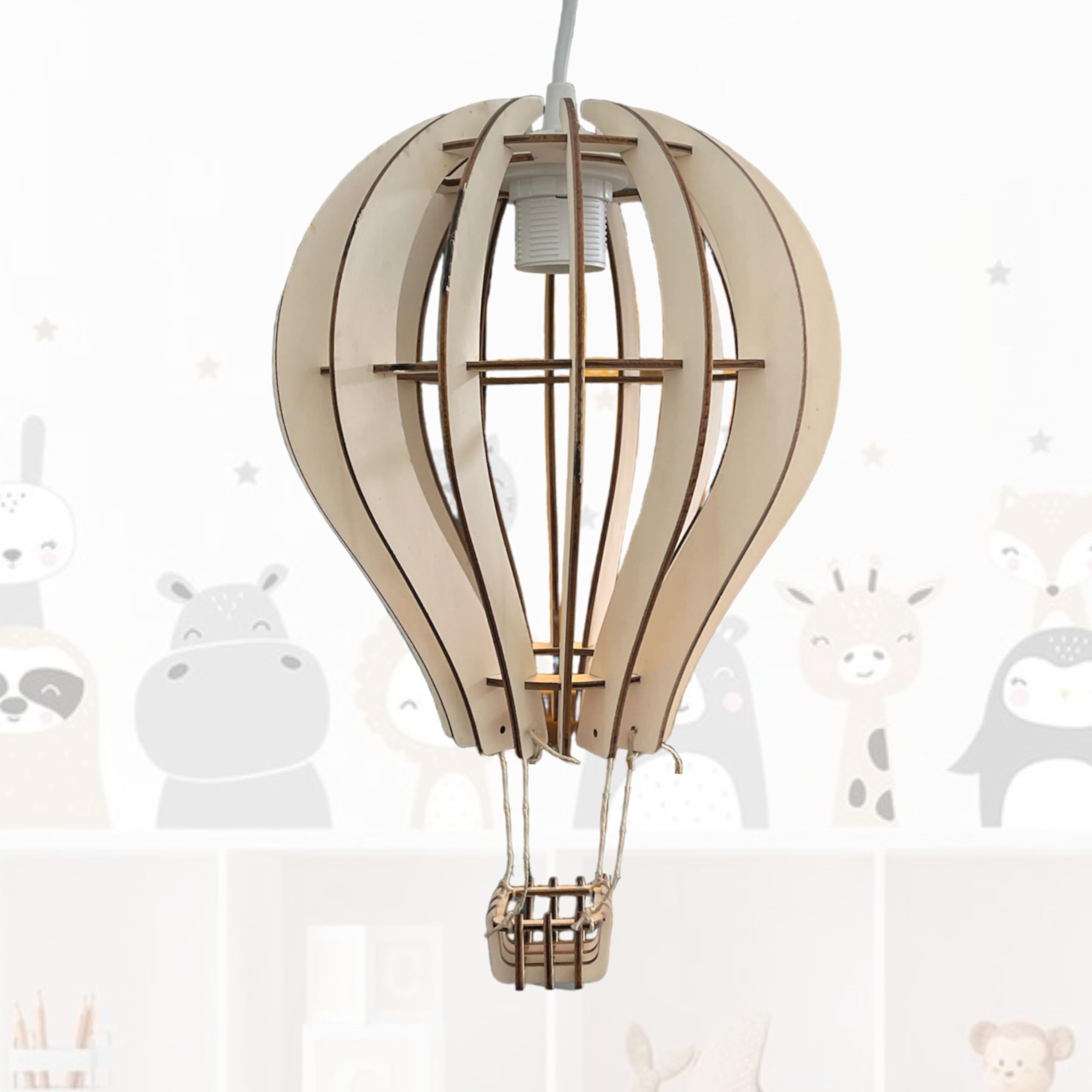 Lámpara infantil techo en madera, forma globo, 40x25cm