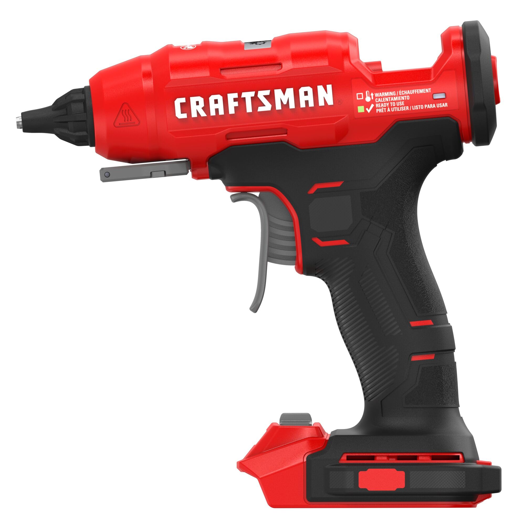 CRAFTSMAN Pistola de pegamento caliente V20 de tamaño completo, juego de pistola de pegamento inalámbrica y varillas con luz LED, boquillas y llave intercambiables, bandeja de inmersión retráctil